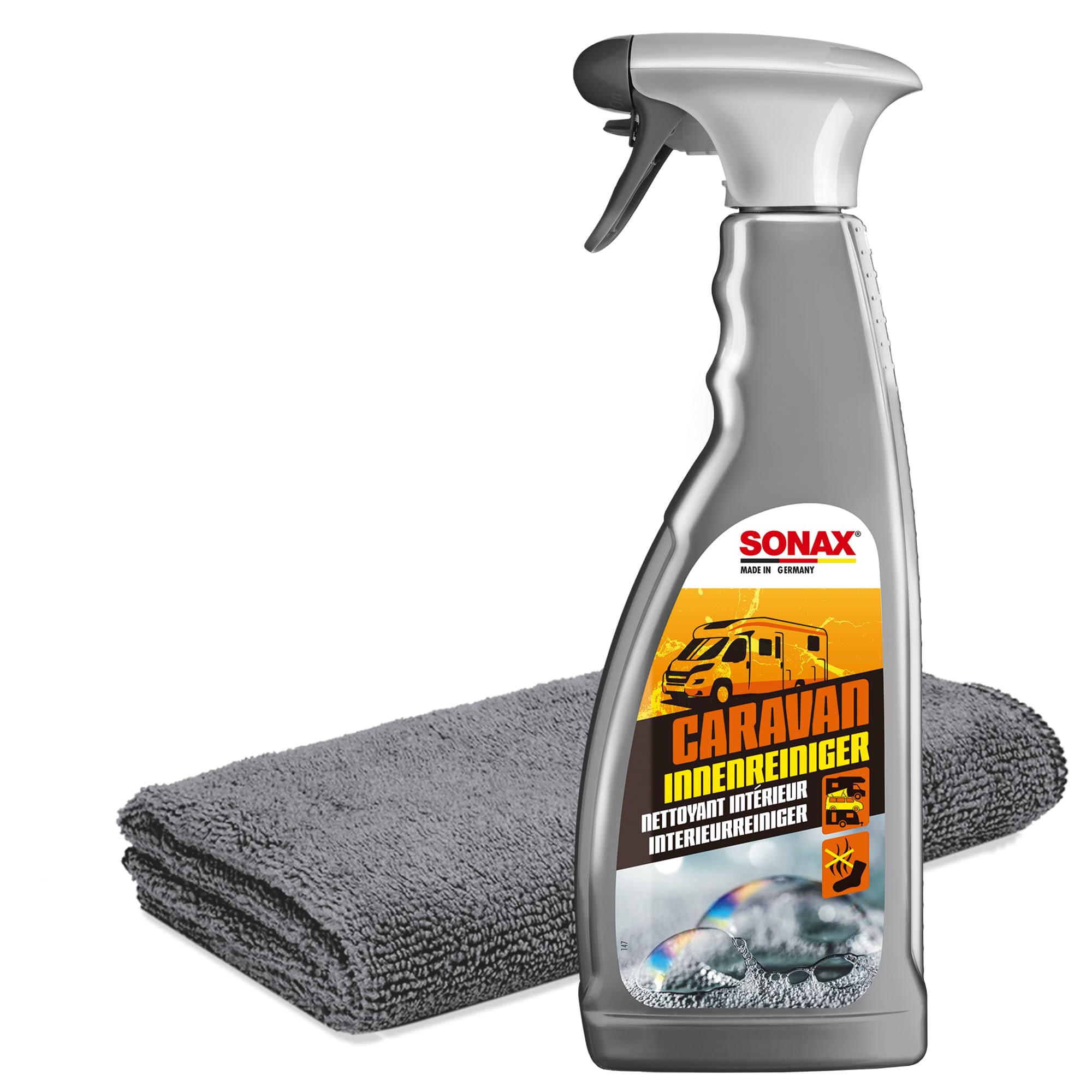 Sonax Caravan - Juego de limpieza de interiores para autocaravanas, 750 ml, con eliminador de olores y paño de microfibra, para plásticos, cuero, madera, aluminio y superficies pintadas o laminadas en