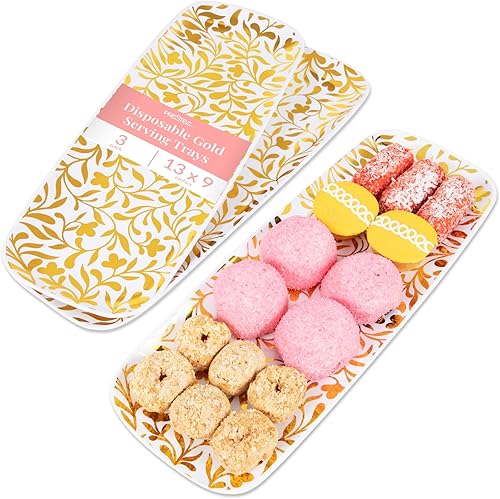 Prestee Paquete de 3 Bandejas de Servir de Plástico Dorado para Fiestas - 13 x 9 Pulgadas Elegantes Bandejas de Servir para Alimentos, Postres y