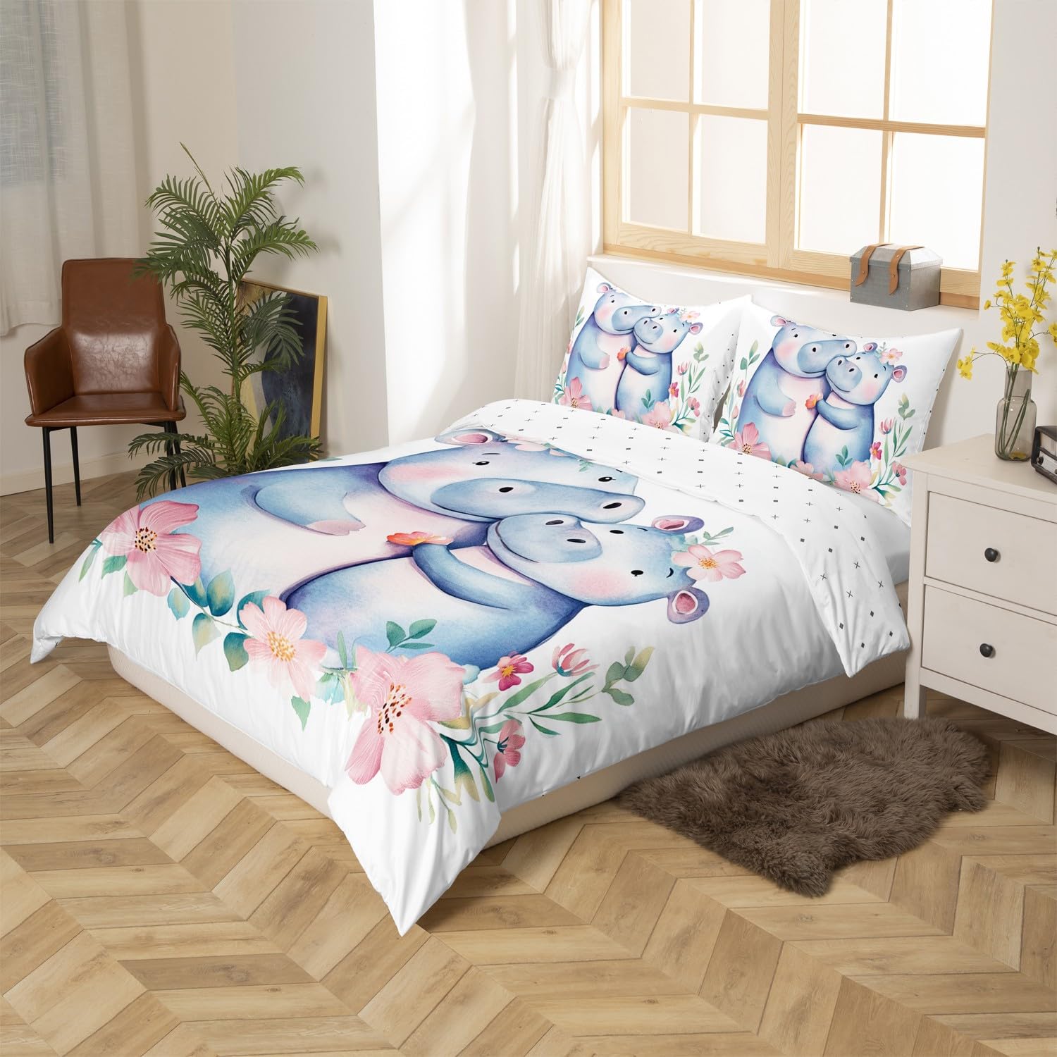 Erosebridal Hippo Comforter Cover Cartoon Animal Bedding Set for Kids Youth Teens,Garden Flower Duvet Cover Palm Leaves Quilt Cover Cute Wildlife Bedroom Decor Queen Size Plain White