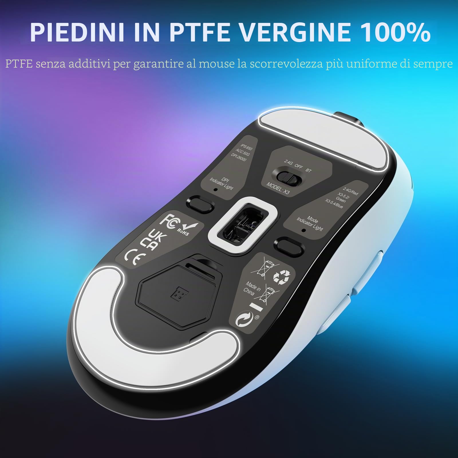 MANBASNAKE Mouse da gioco wireless, 49 g, ergonomico per computer, tripla modalità PAW3395, sensore ottico 26K DPI, durata della batteria 200 ore, pulsanti programmabili, accessori da gioco per