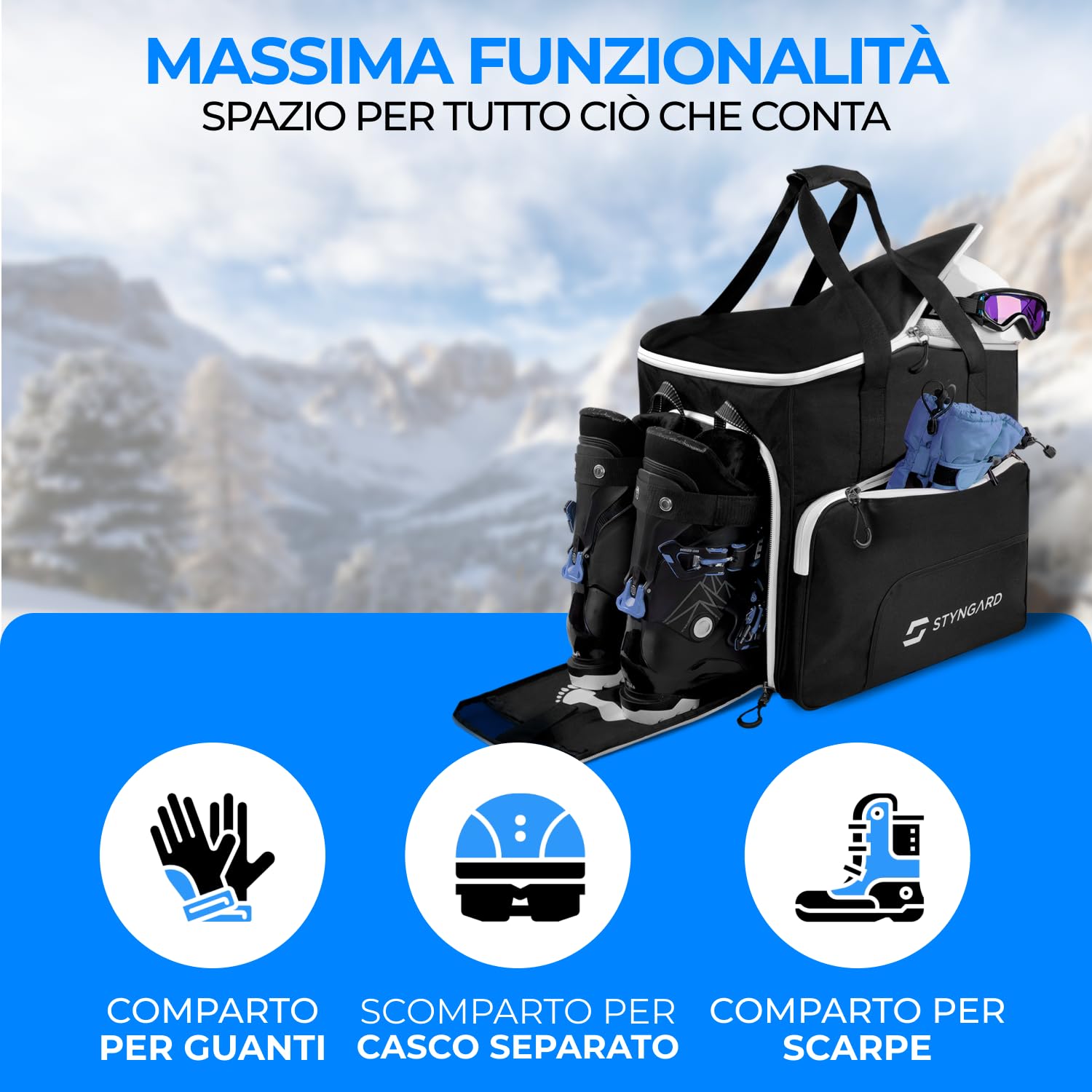 STYNGARD Borsa porta scarponi con scomparto per casco e scarponi [54 L] - Borsa per scarponi da sci con funzione zaino da sci modello Sölden