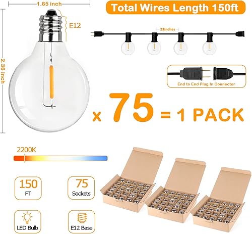Miniatura 3 de Luces de cadena LED globo de 150 pies para exteriores, patio regulable con 75+2 bombillas G40 irrompibles, impermeables para colgar en el exterior,