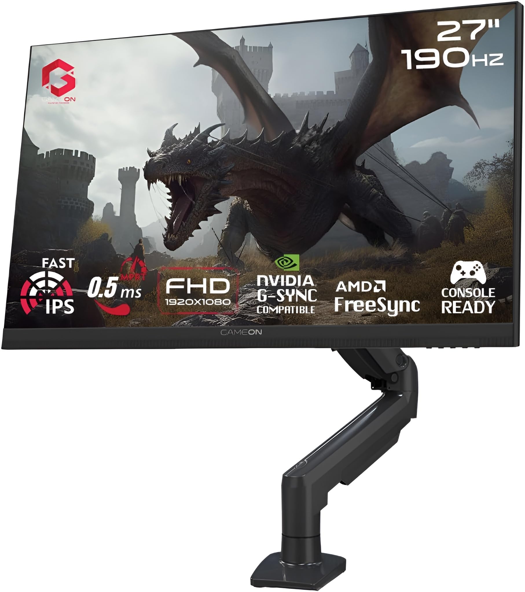 GAMEON GOM27FHD190IPSX Midnight Pro X series, Black Gaming Monitor 27 inch, 1920x1080p FHD Fast IPS Panel, 190Hz, 0.5ms, 2.1 HDMI, With stand,Freesync&Gsync, Supports HDR, PS5, VRR