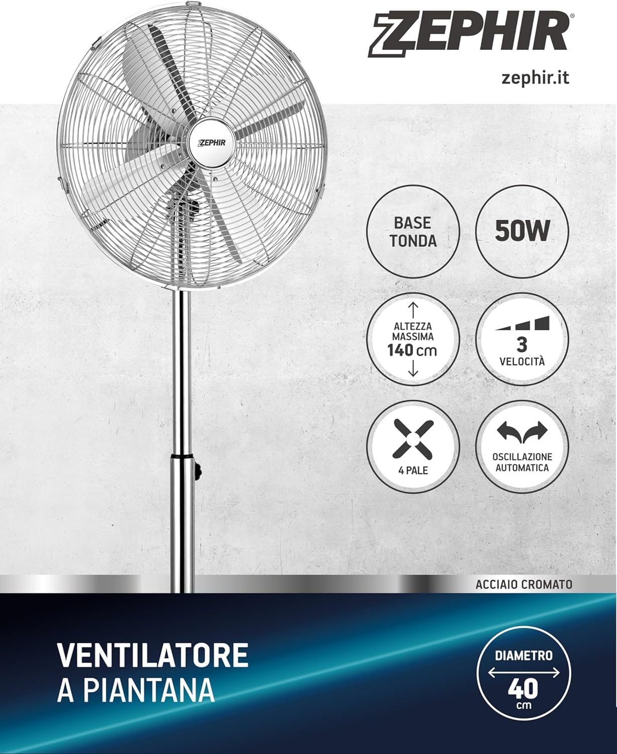 PF40CR Ventilatore a Piantana Professionale 3 Velocità Oscillazione Automatica e Griglia di Sicurezza Regolabile in Metallo Altezza 140 cm Silenzioso Zephir