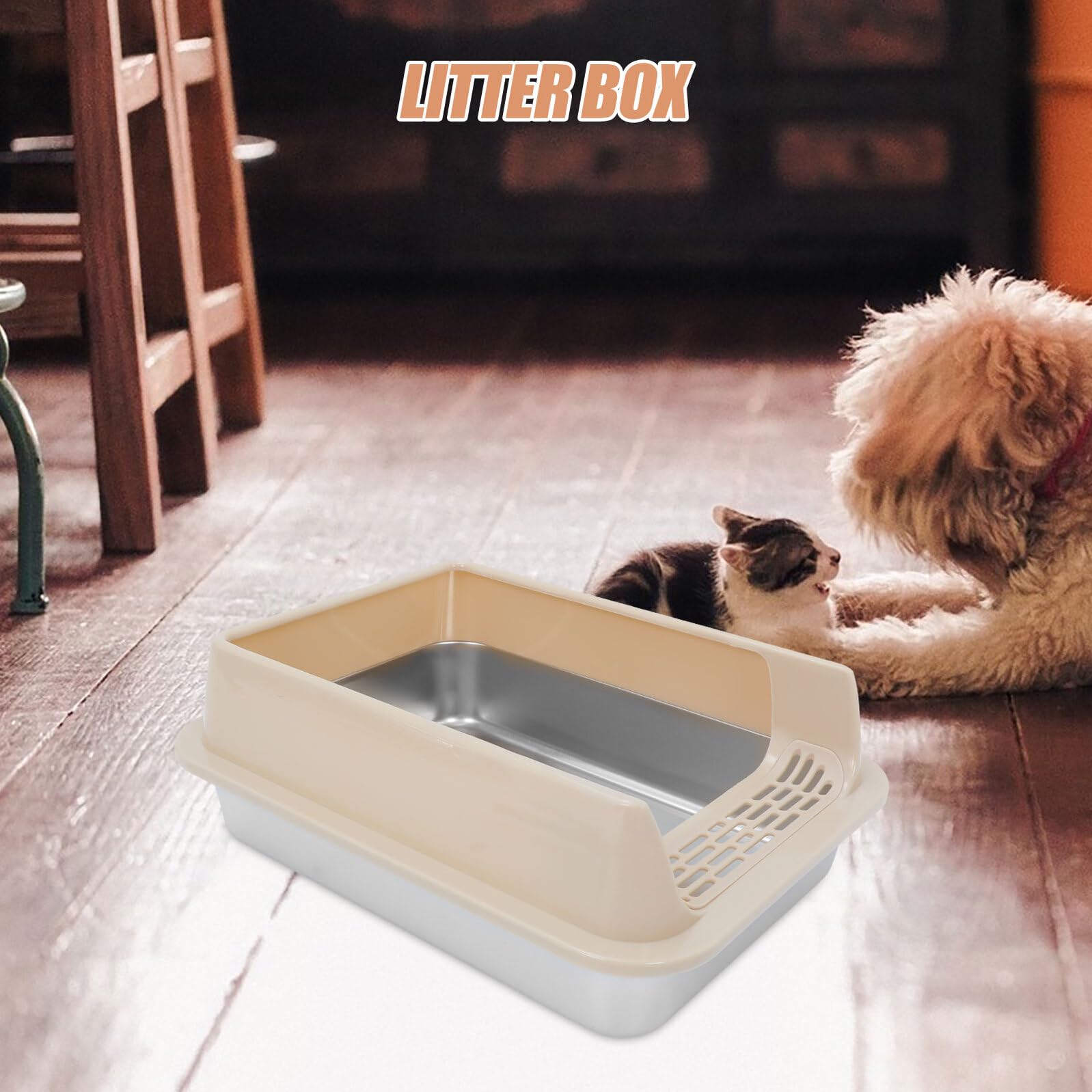 Alasum Edelstahl Katzenstreu Box mit Deckel und Schaufel Hohe Seiten Geschlossene Metall Katzentoilette Auslaufsicher Mittelgroß Khaki für Wohnung Reise und Innenbereich