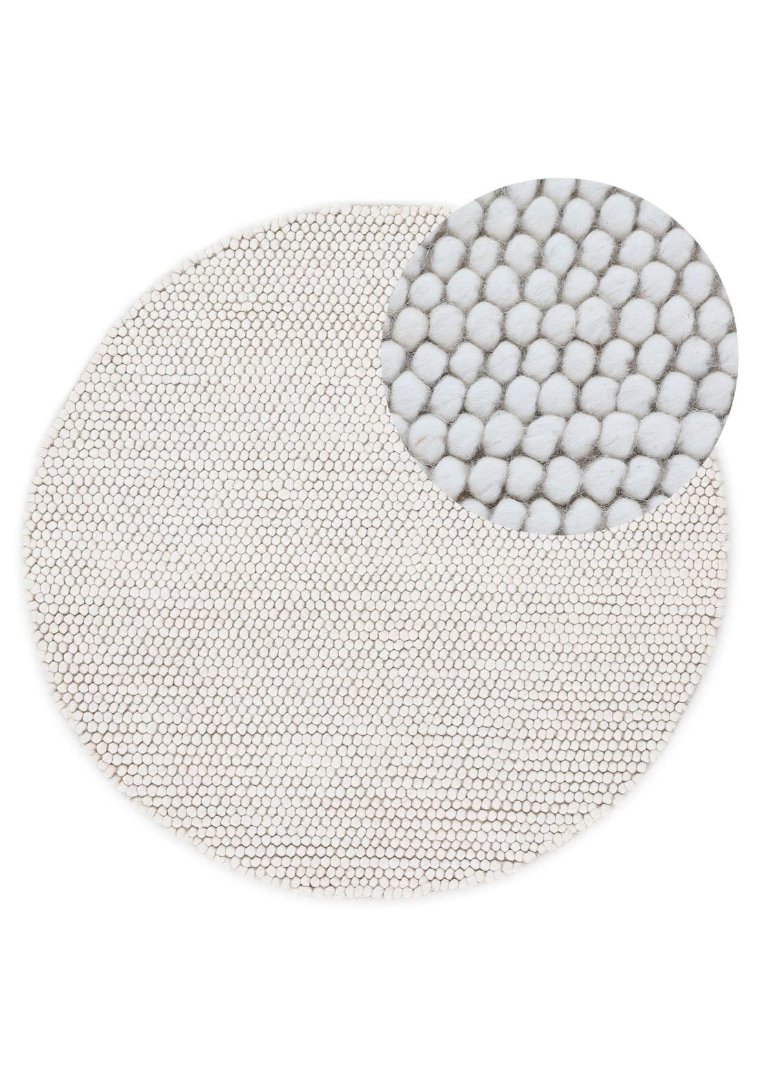 carpetfine Wollteppich Calo weicher Filzkugel-Teppich Rund Creme Ø 80 cm für Wohnzimmer, Schlafzimmer & Kinderzimmer