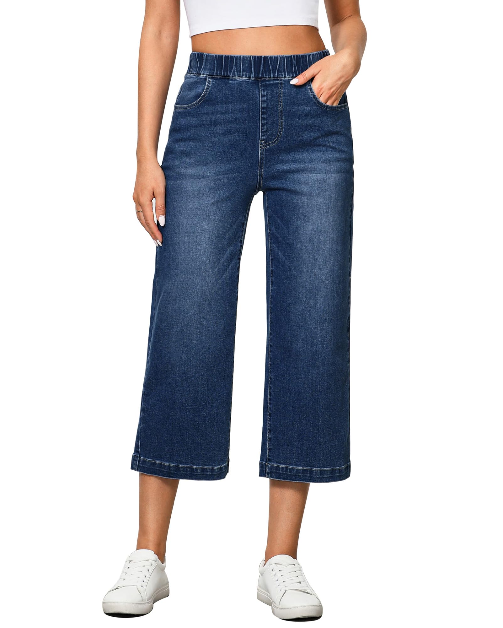 Vetinee Damen Jeans Weites Bein Baggy Hosen mit Gummizug High Waist Stretch Capri Jeans