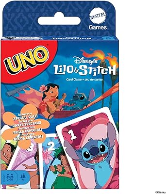 Mattel Games UNO Disney Lilo & Stitch, Juego de cartas con regla especial Ohana, inspirado en los personajes de la película, Juego de mesa familiar, juguete regalo para niños y niñas +7 años, JCC10