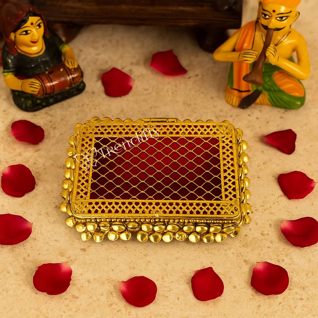 Trendifly Ghungroo Metal Shagun Silver Gold Coin Sikka Chain Storage Anklet Holder Box | Gifting Purpose Decorative Ginni Dibbi | Wedding House Ceremony Pooja Babyshower Rakhi Diwali Return Gift Box