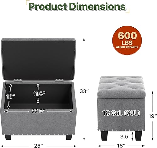 Miniatura 10 de MoNiBloom Banco otomano de 24 pulgadas con almacenamiento para dormitorio, banco contemporáneo de lino verde copetudo, reposapiés, taburete otomano