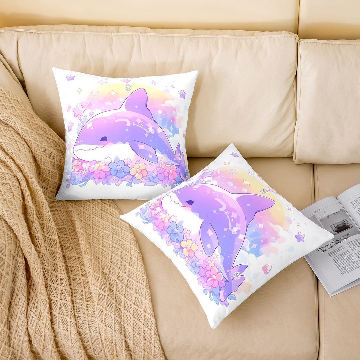 Manfei Kawaii Shark Pillow Cover 24"x24" Single Pack,Watercolor Purple Shark Cartoon Flowers Leaves Cushion Cover for Couch Sofa,Cute Starfish Bubble Dreamy Sealife Pillowcase Outdoor Pillow Cover
