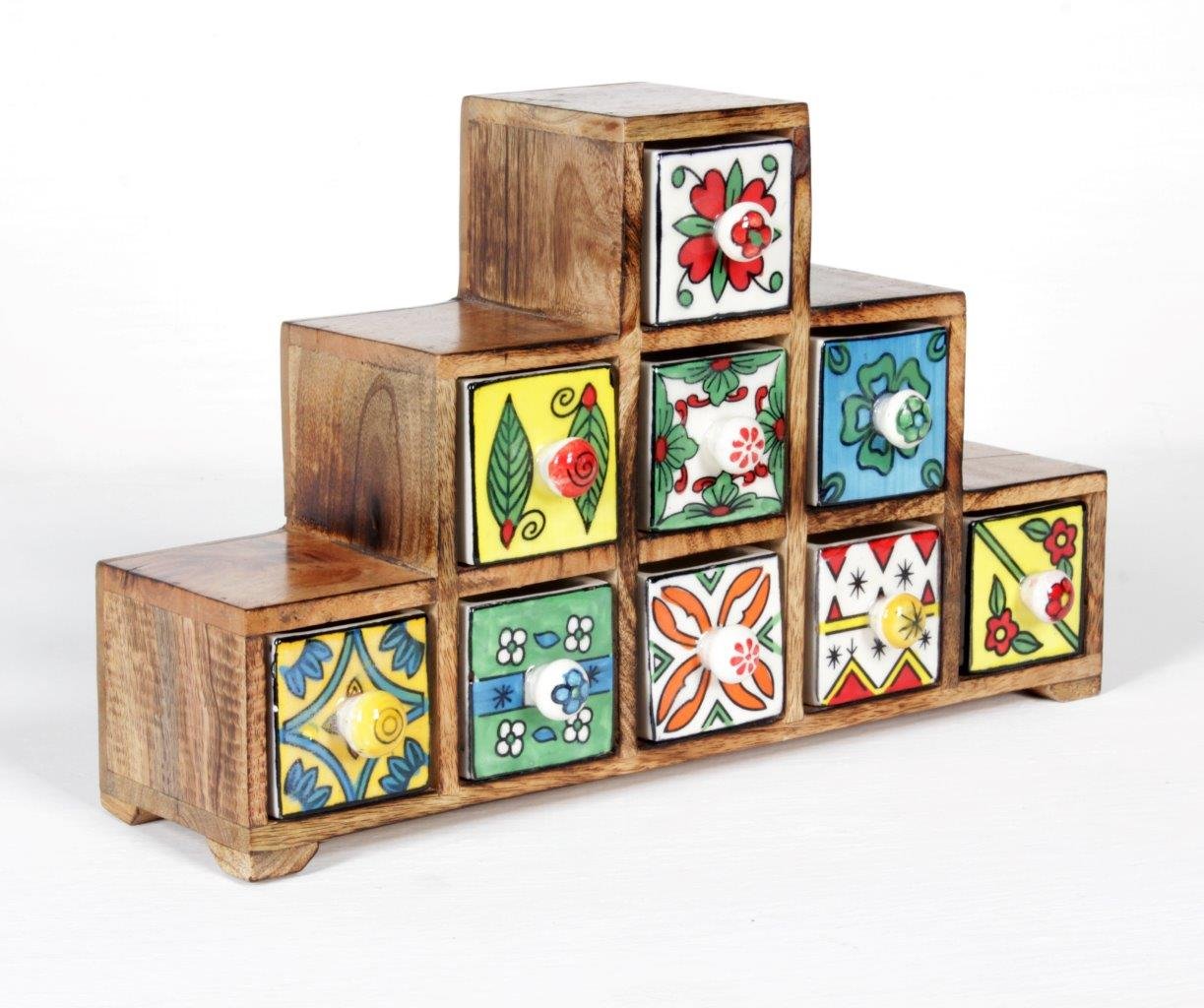 Home and Bazaar 9-Drawer Step Wooden Chest with Ceramic Drawers