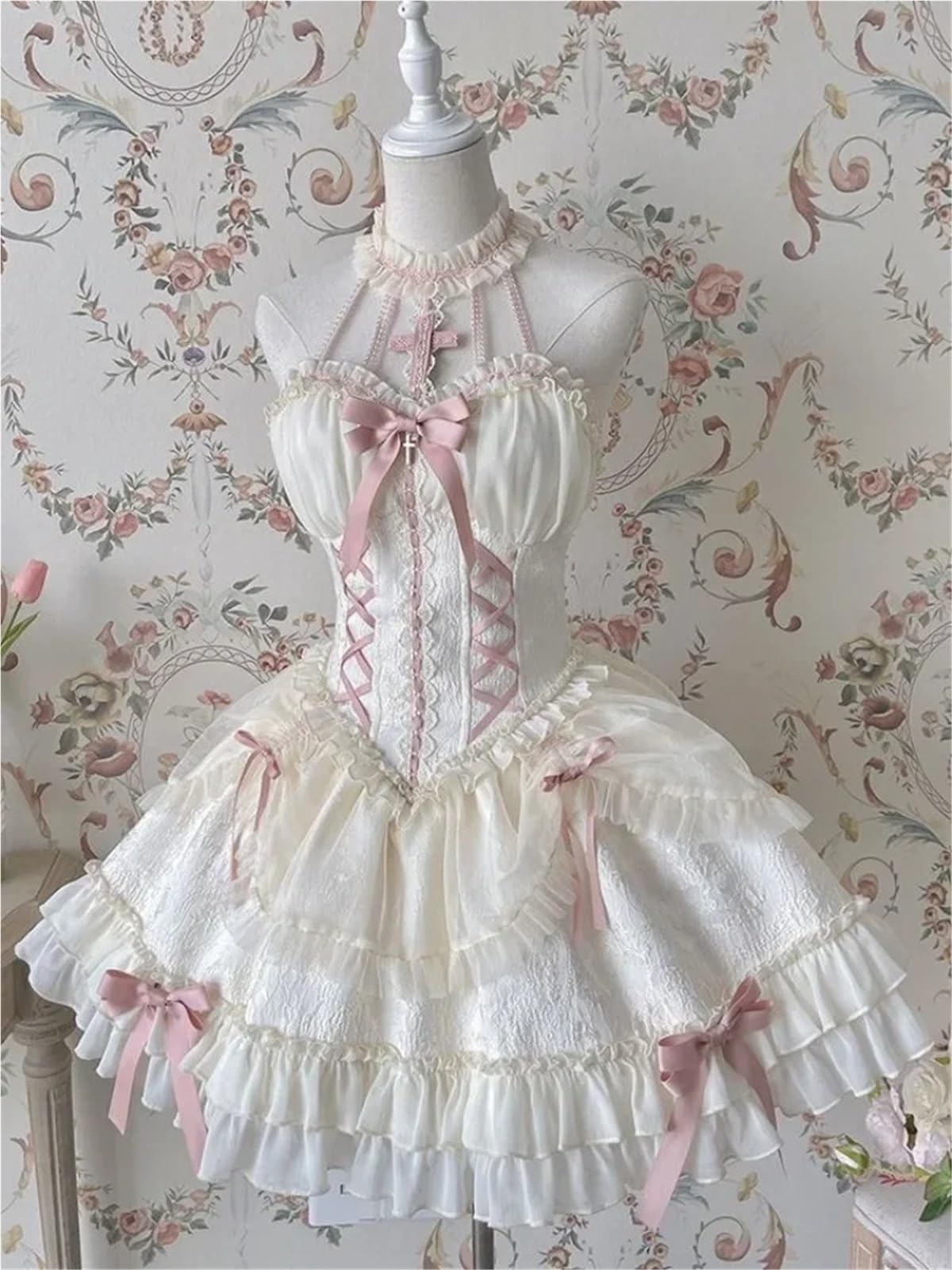 Vestido Corto Femenino de Verano Estilo Harajuku Lolita, Estilo gótico, con Cuello Halter, Hombros Descubiertos, Manga Larga, Estilo Kawaii, Ajustado con Lazo para Fiestas, mascaradas(S)