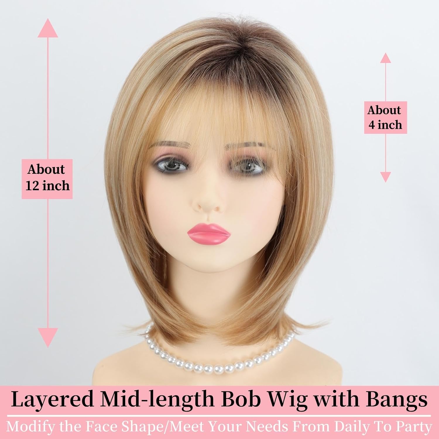 RENERSHOW Medium Length Bob Wigs for White Women Layered Blonde Highlight Straight Pixie Bob Wig with Bangs Heat Synthetic Natural Daily Party Wig 12inch Average Size Wig