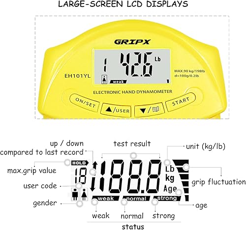 Miniatura 6 de GRIPX Dinamómetro de mano digital medidor de fuerza de agarre Auto captura electrónica de poder de agarre manual 198 libras 90 kilogramos