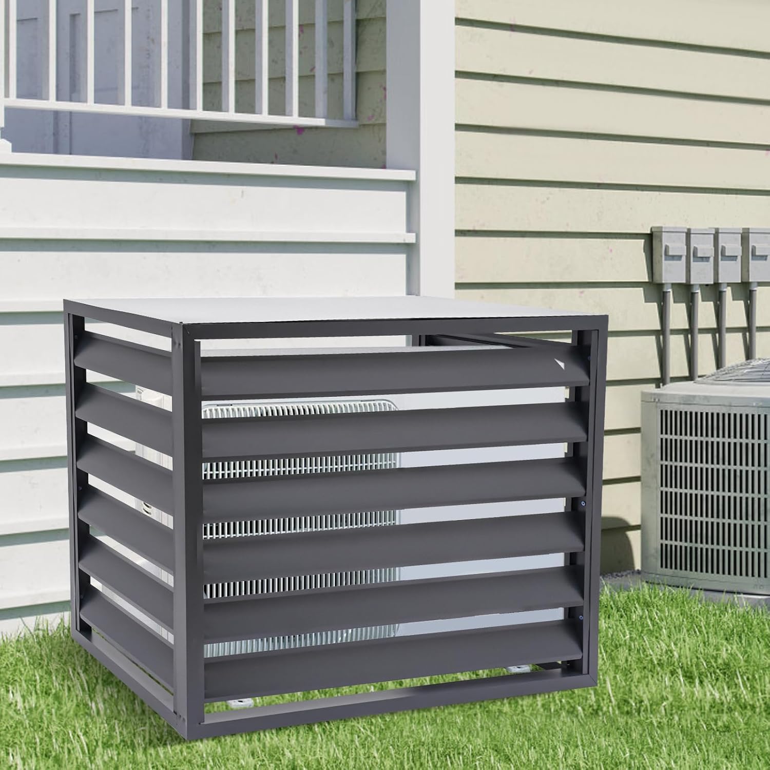 DYRABREST Air Conditioner Fence installed around a ground-level AC unit next to a house.