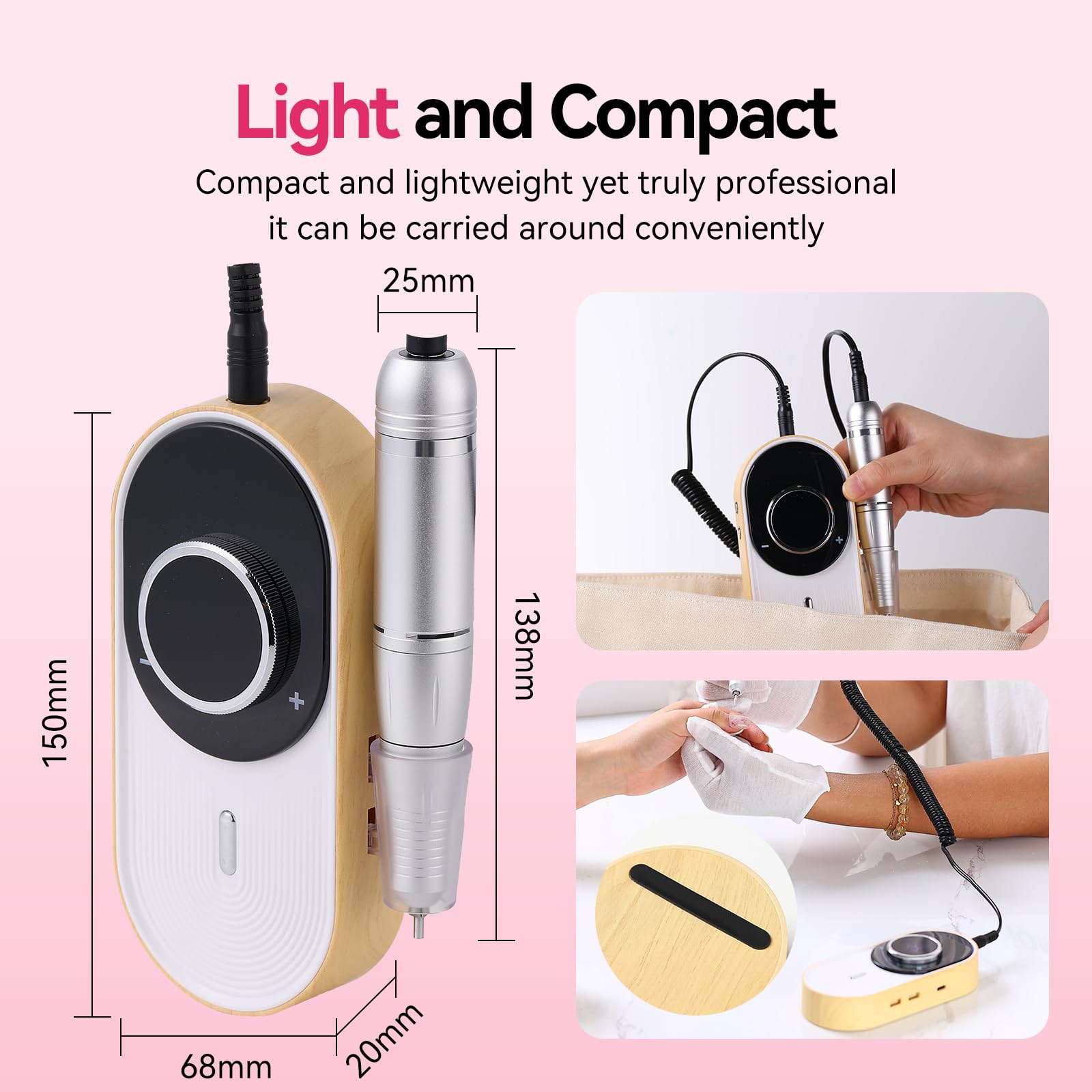 Perceuse à ongles électrique rechargeable portable 45 000 tr/min avec écran LCD intelligent pour manucure et pédicure Corps réfléchissant etc (grain)