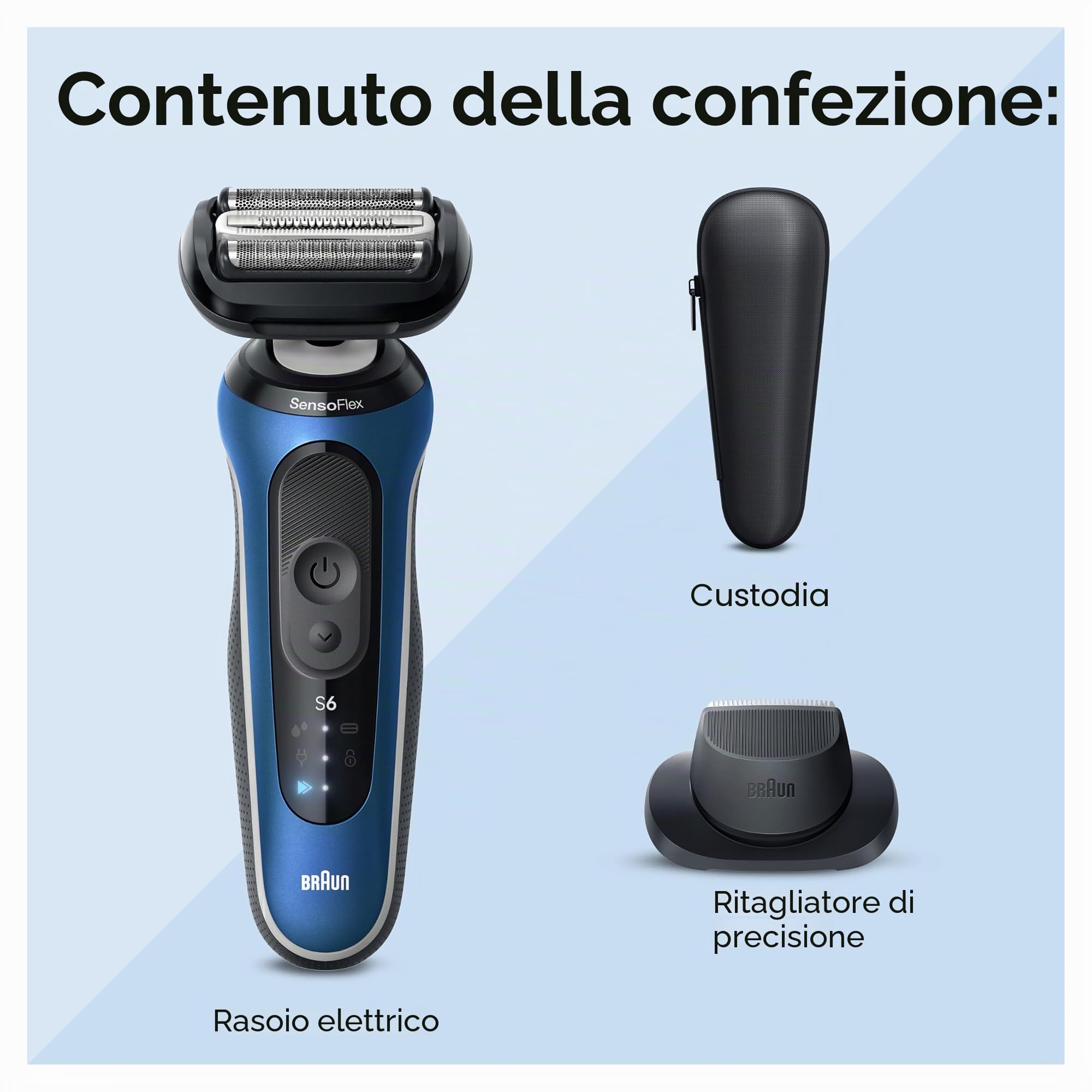Braun Rasoio Elettrico da Uomo, Serie 6 6120s, Rasatura Bagnata e Secca, Modalità Turbo e Delicata, con Trimmer di Precisione e Custodia, Blu