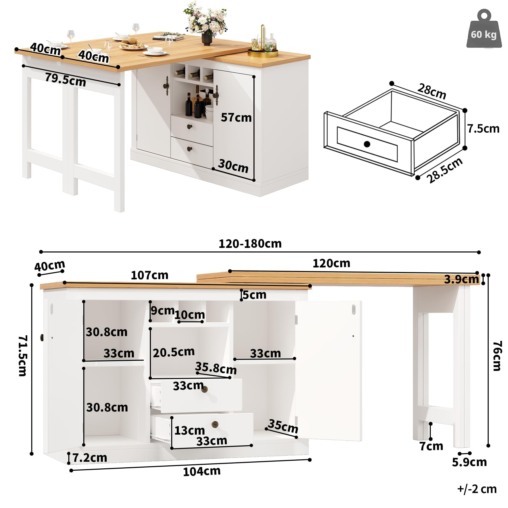 Tavolo da bar allungabile di alta qualità con funzione di rotazione a 360° e spazio di archiviazione, lunghezza regolabile da 120 a 180 cm, soggiorno, sala da pranzo, ufficio, tavolo da pranzo