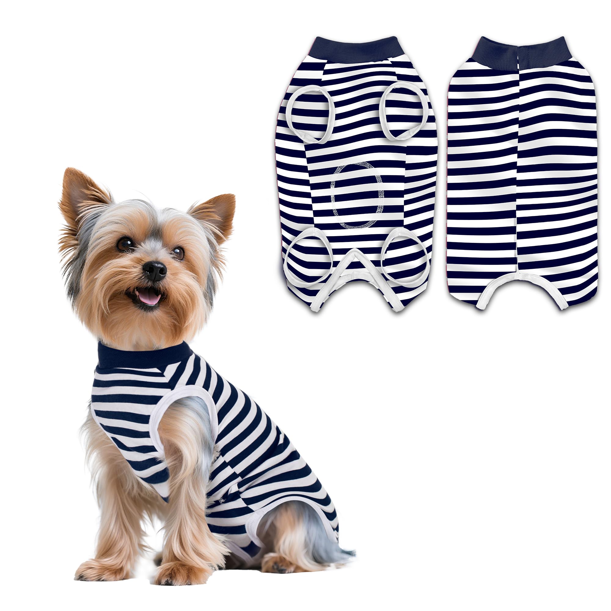 PawSailor Striped Dog Surgery Suit Female Male Dog Recovery Body Suit After Surgery, Soft Cotton Surgical Recovery Vest Pet Medical Shirt Button Closure, Wound Protection, Easy to Wear, Dark Navy S โ image 1