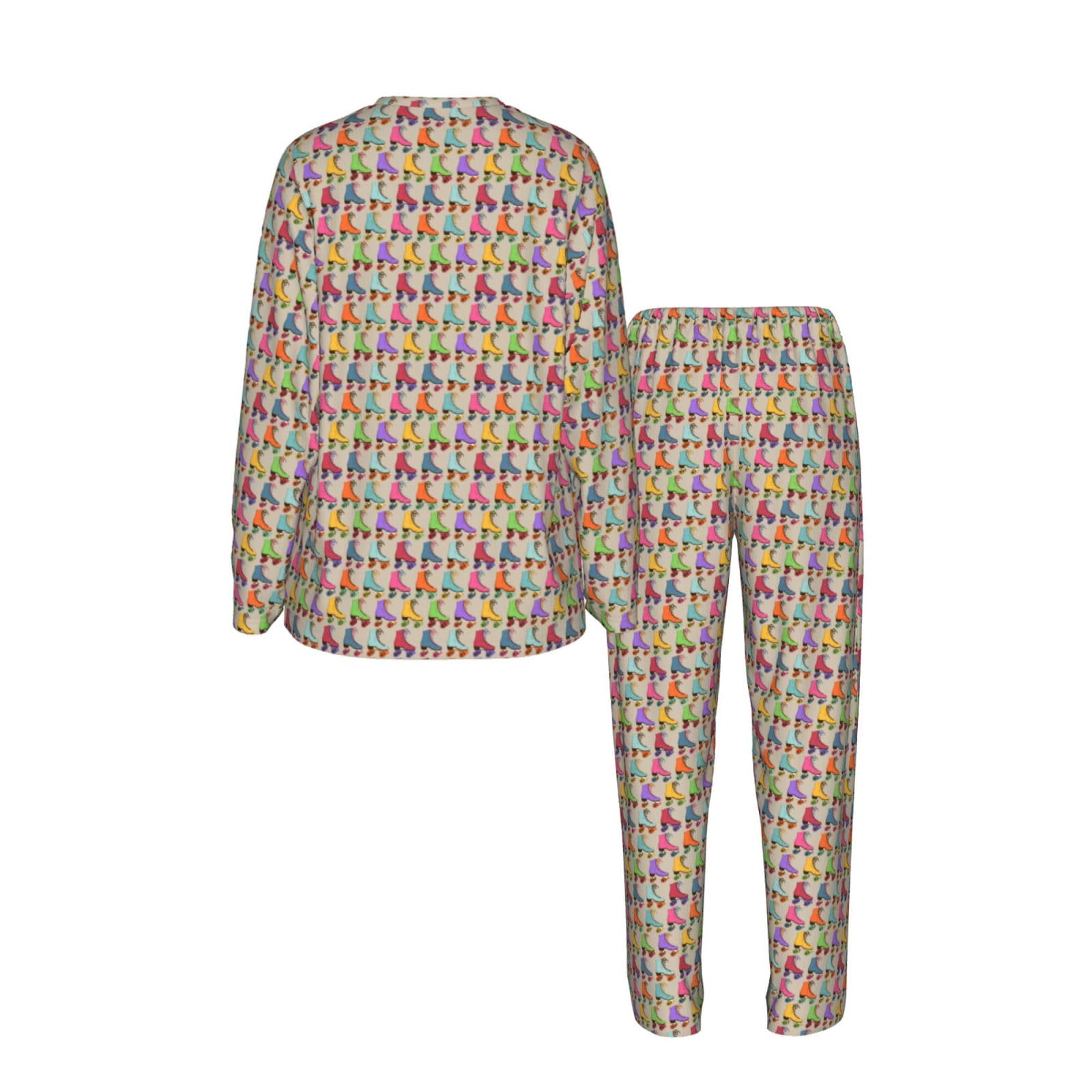 Pattini a rotelle colorati Stampa Donna Manica Lunga Pigiama Set Morbido Elastico Coulisse Casual Daywear