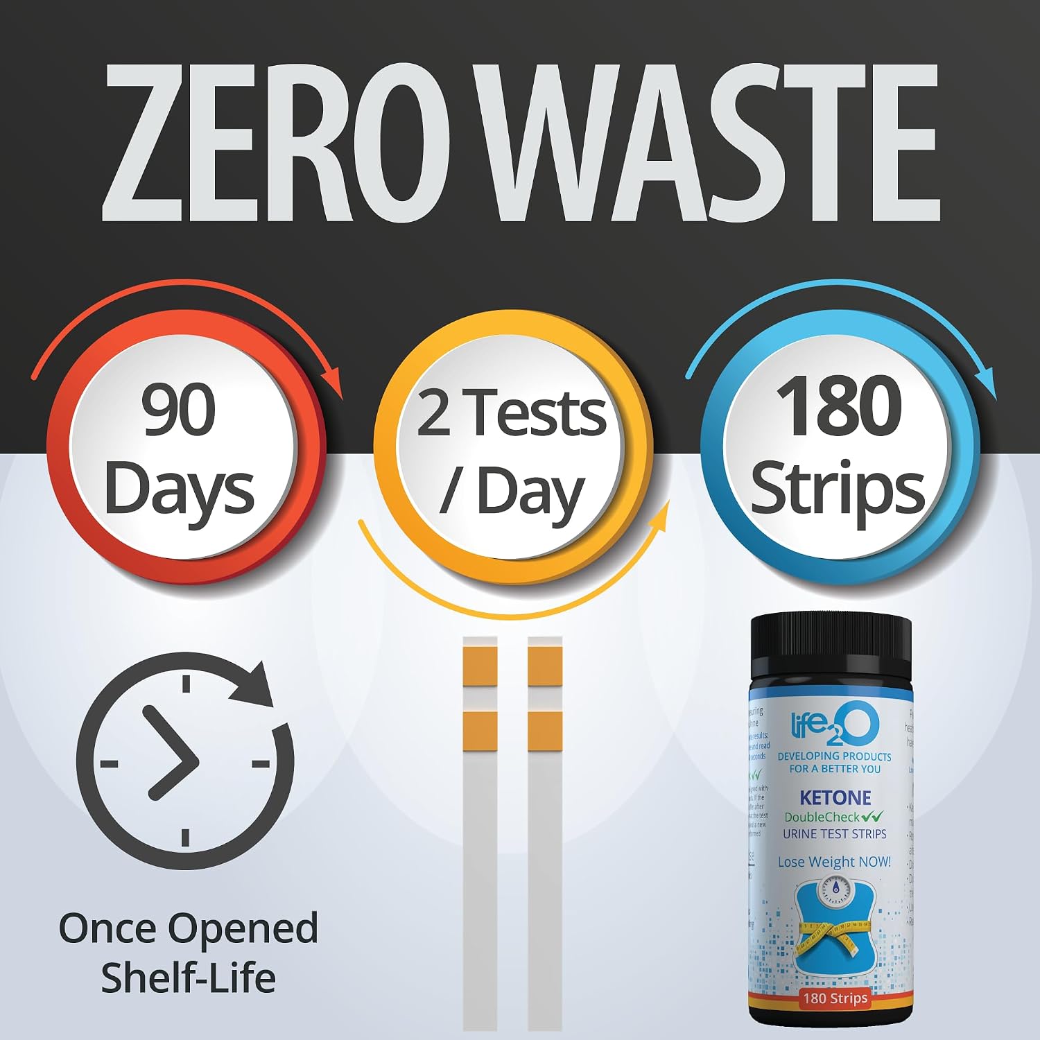 life2O DoubleCheck Ketone Test Strips 180ct, 50x More Dependable Keto Test, Ketosis Test Strips for Urine, Ketones Urinalysis Urine Test Strip for Ketogenic, Low-Carb, Paleo & Atkins Diets