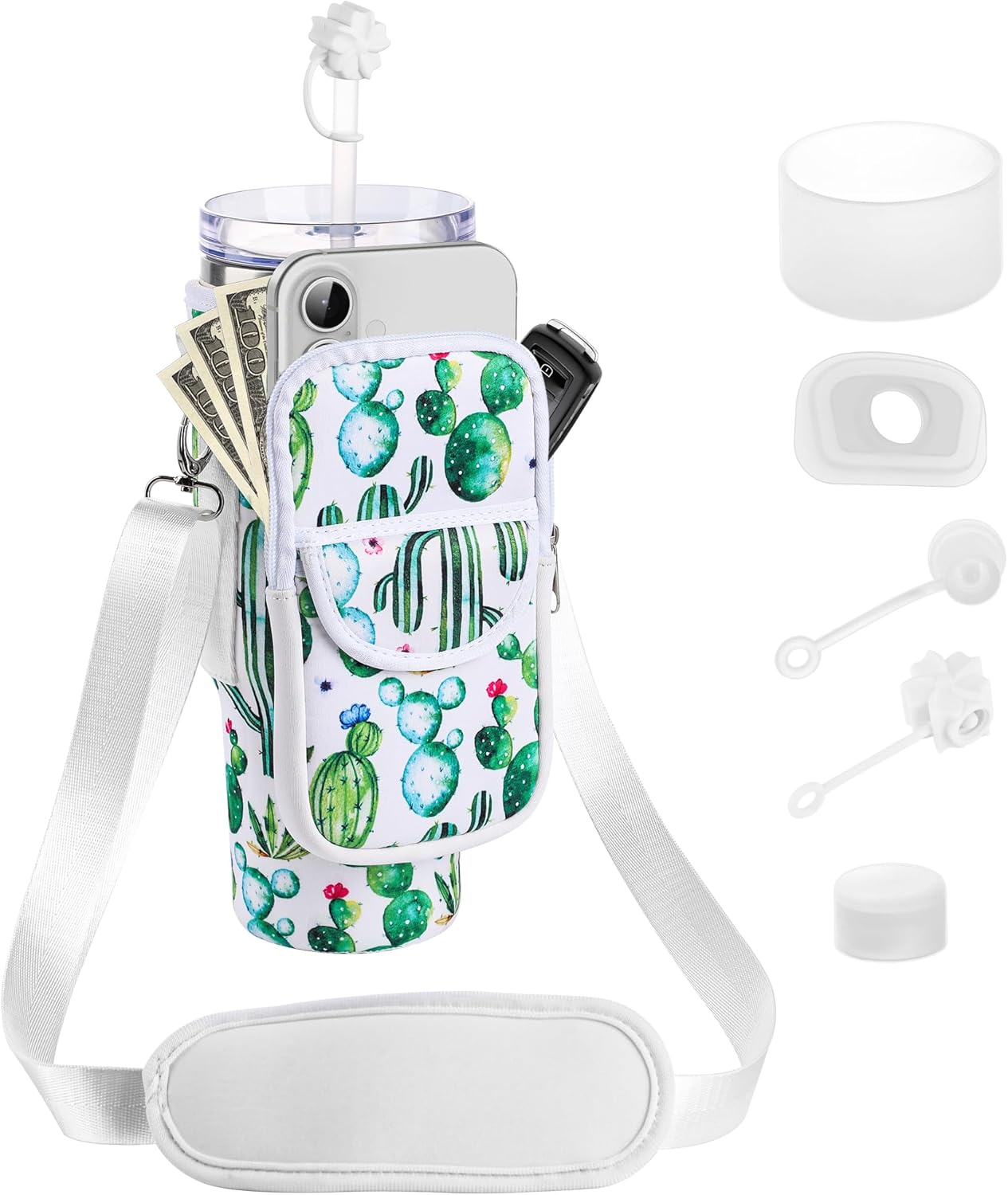 Water Bottle Holder with Strap for Stanley 30/40 oz Tumbler, Fashion Stanley Cup Bag with Big Phone Pocket, Silicone Boot, Straw Cover & Leak Proof Stoppers