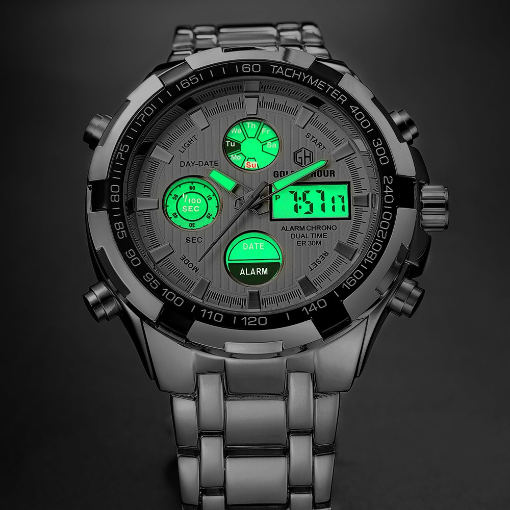 Affute Armbanduhr für Herren, Schwerer Chronograph aus Edelstahl, wasserdicht, mit Datums- und Alarmfunktion, Analog-/Digitalanzeige