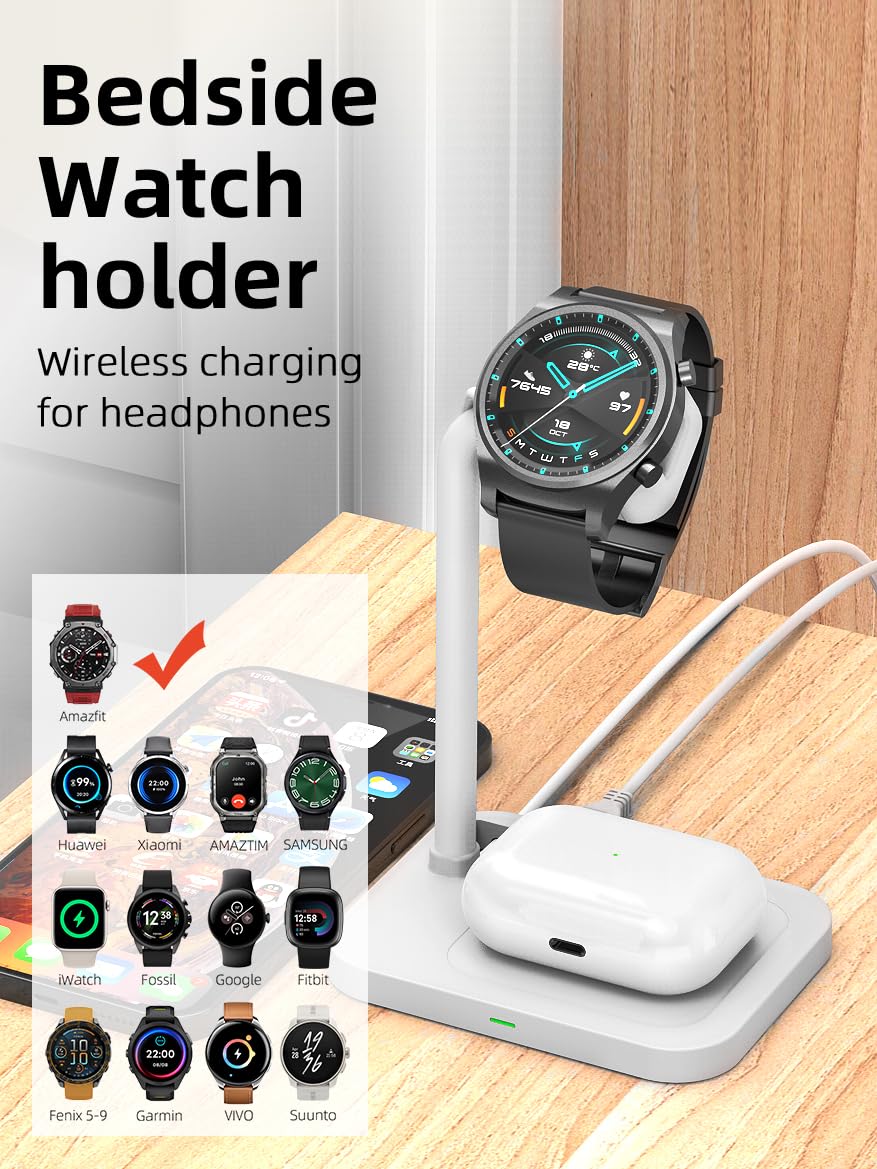 Supporto caricabatterie wireless 2 in 1 per Samsung/Apple/Google, per Huawei GT/Samsung Galaxy/Pixel/Garmin/Diesel/Fossil/Fitbit/Skagen/Michael/Galaxy/GT Watch Bracket Base (02SW-B)