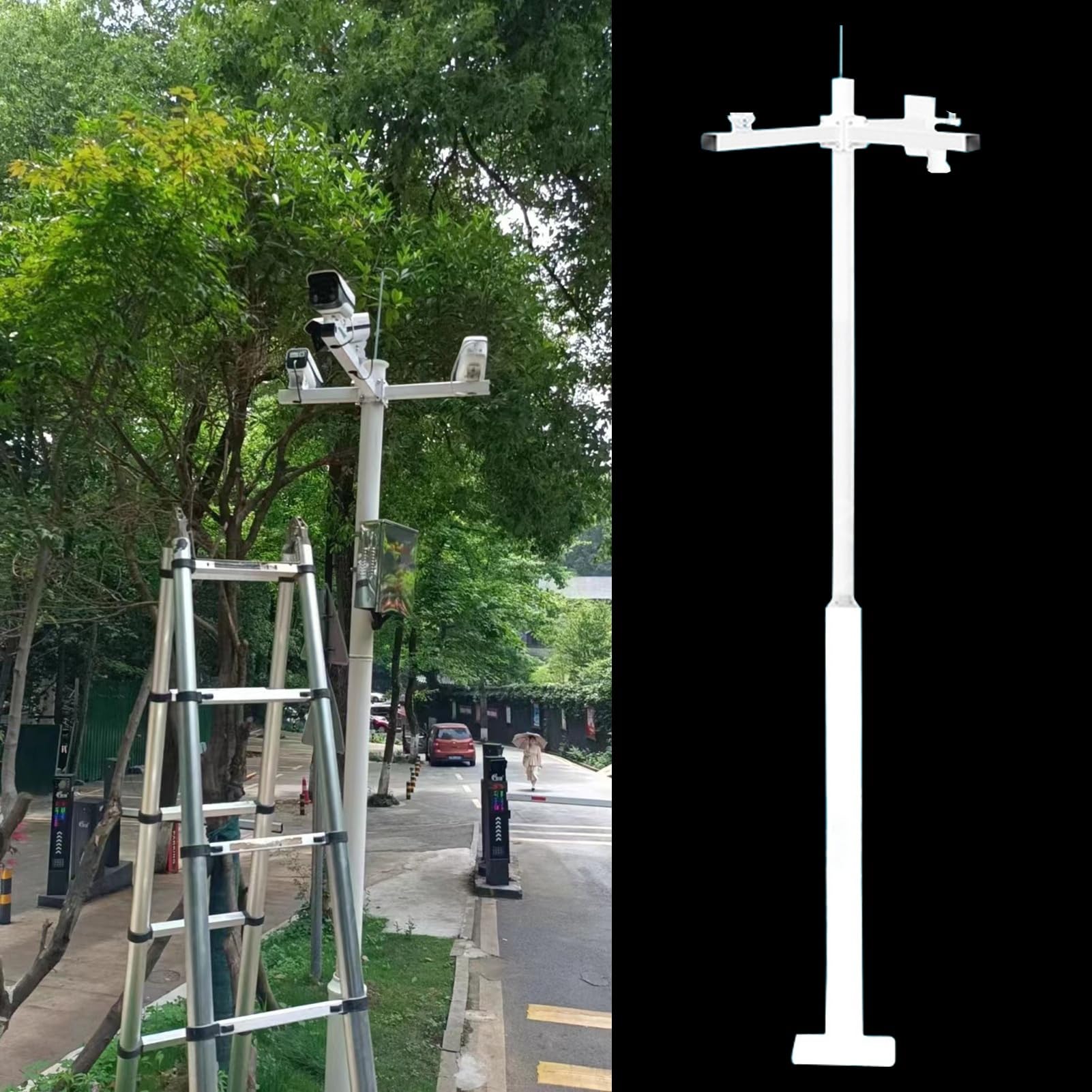 Aioneer Outdoor Security Camera Mounting Pole, 4-Arm Weatherproof Bracket For & Ip Cameras, Black 4M Surveillance Post, Durable & Adjustable-White-3.5m (11.5ft)