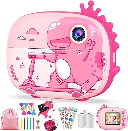 CHAKEYAKE Kids Camera, 1080P 2.4 Inch Kids Digital Camera Instant Print, Toddler Camera with Photo Clip, Storage Bag, 32G TF Card, Video Toy Camera for Kids, Gift for Girls Boys Age 3-12(Pink)