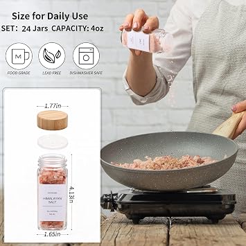 MEETOZ Glass Spice Jars with Label Set, Glass Spice Jars with Wood Lids, Spices and Seasonings Sets Organizer, Spice Glass Jar with Lid Food Canister Bottle Sugar Shaker, 24 Pcs
