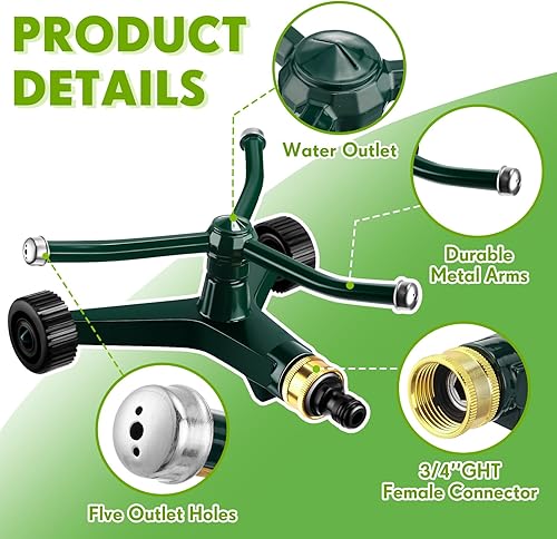 Miniatura 3 de 1 aspersor giratorio de metal para césped, 3 brazos, resistente y giratorio de 360 grados, con base de ruedas, para césped, patio, jardín, patio,