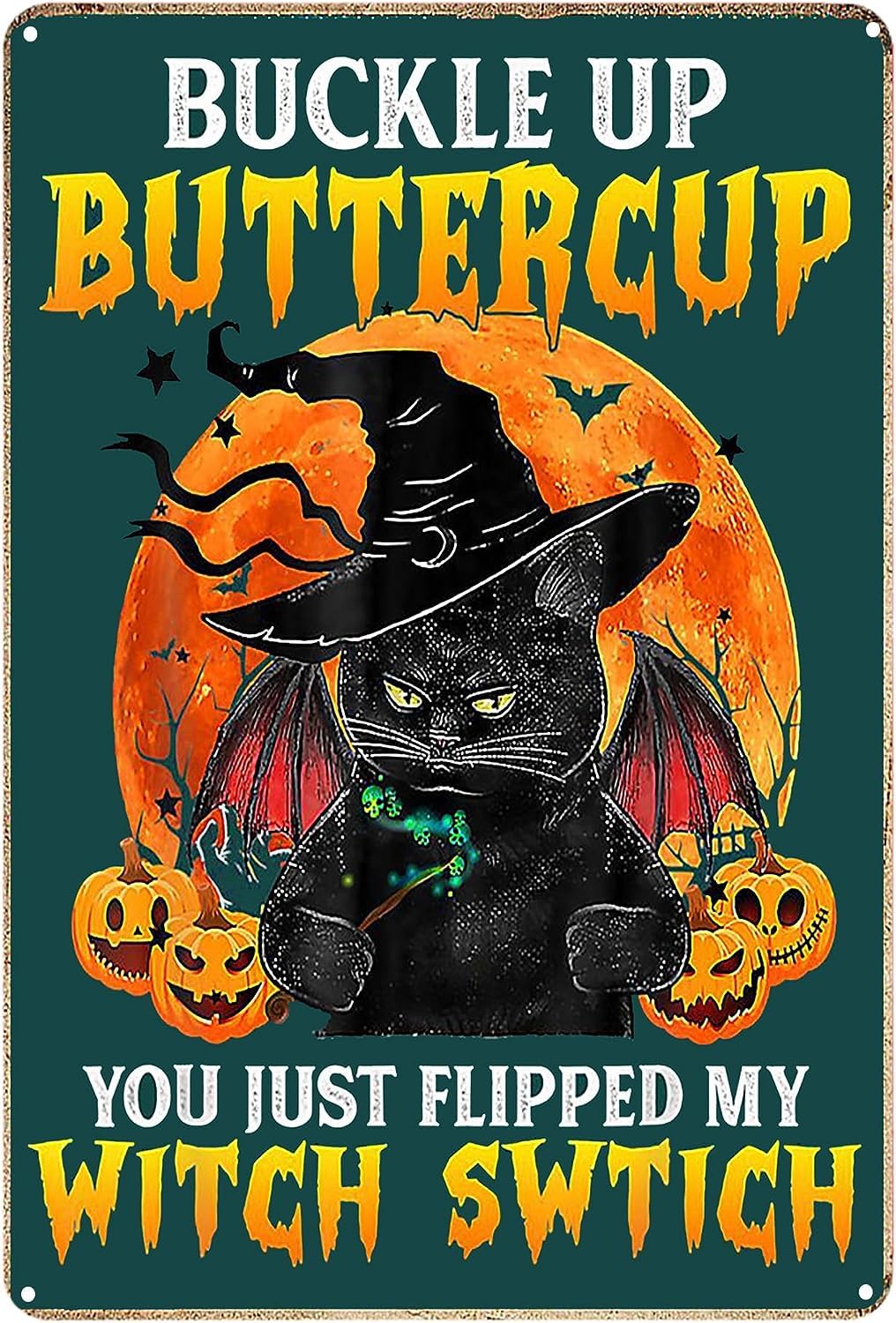 kisoyo Black Witch Cats Funny Vintage Tin Sign Metal Poster, Halloween Witch Cat Retro Tin Sign For Bar Home Coffee Wall Art Decor For Cat Lovers Housewarming Gifts 8x12inch