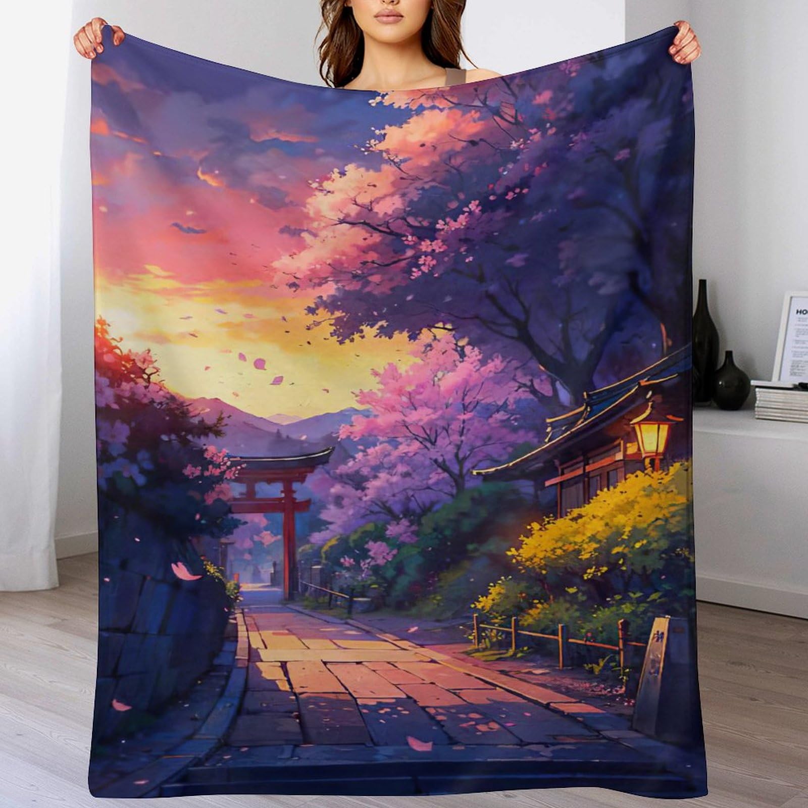 Couvre-lit Cerisier Japonais, couverture de canapé en flannel douce 180x200cm.