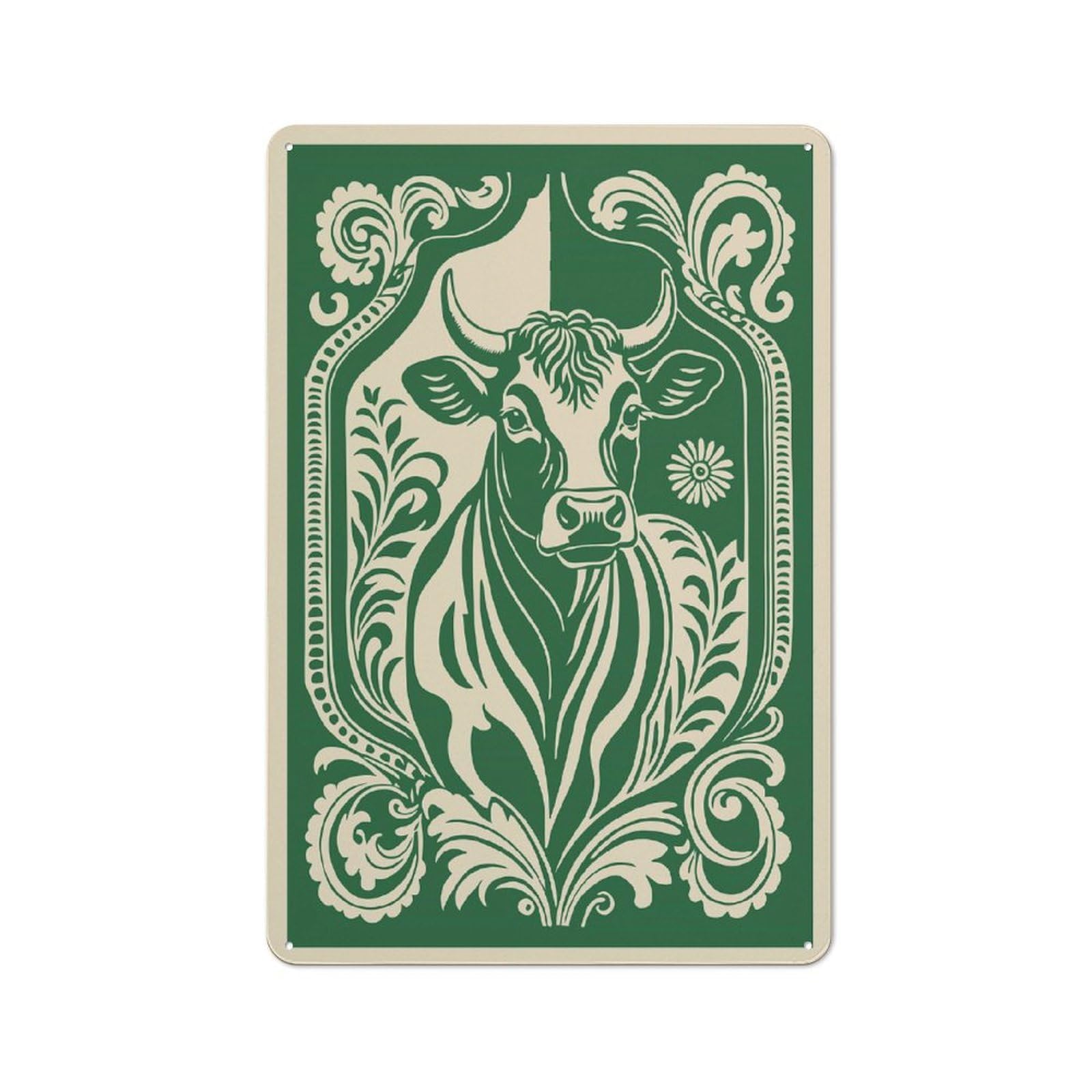 Junmoney Style-3 Stylized Bull Portrait With Floral Border Garden Room Metal Sign 30X20cm, Vintage Shed Wall Decor For Conservatory, Home Bar Or Utility Room