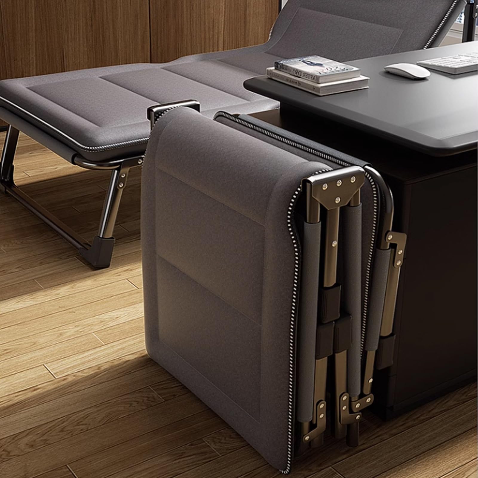 Cama Portatil Plegable Dormir con Colchón Estructura Metálica 4 Posiciones Ajustables con Bolsillos Laterales para Oficina Camping Interior