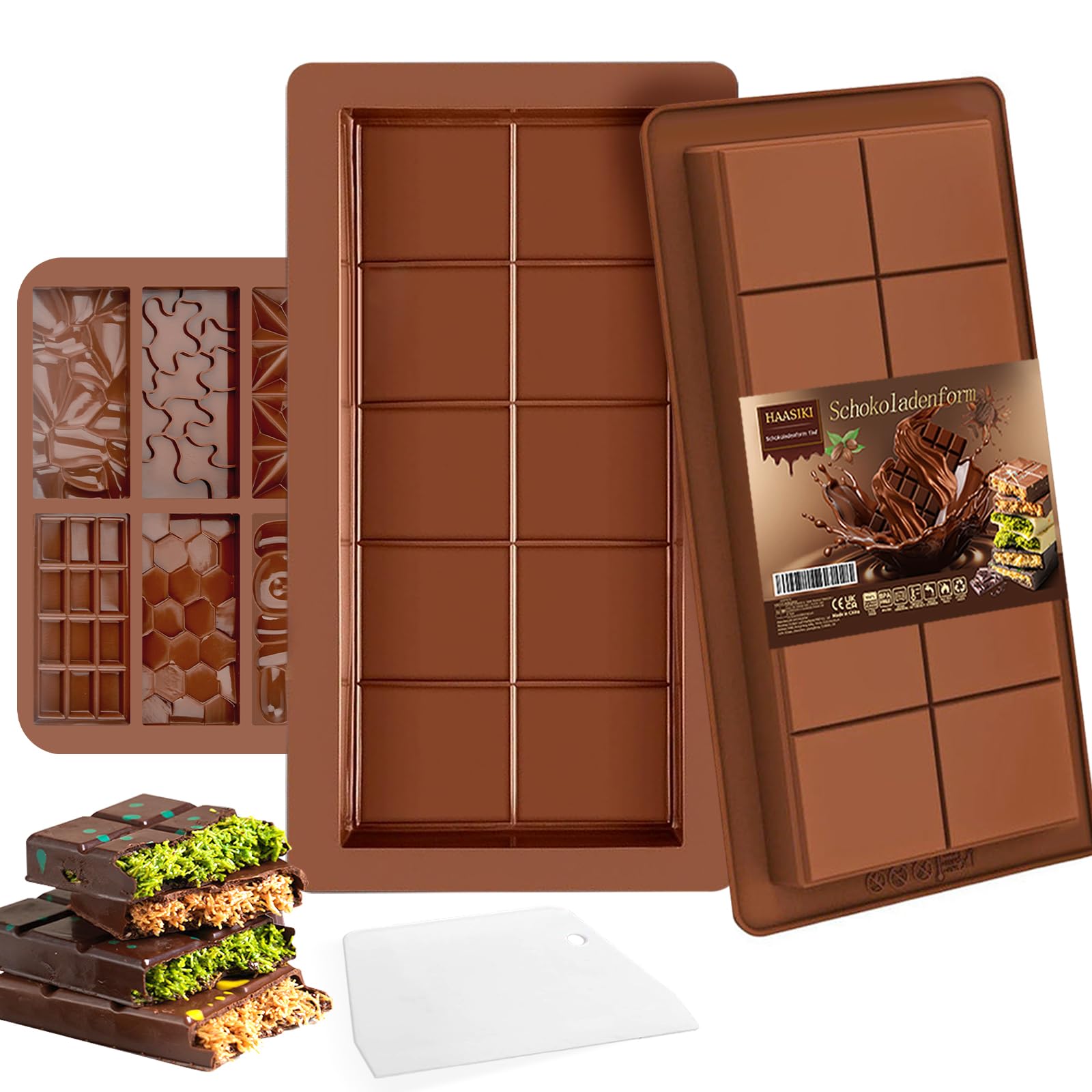 Set of 3 Chocolate Moulds, Chocolate Mould, Deep Chocolate Mould, Silicone, with Scraper, Non-Stick Coating Chocolate Bar Mould, BPA-Free, with 100 cm Pendant Light Cable