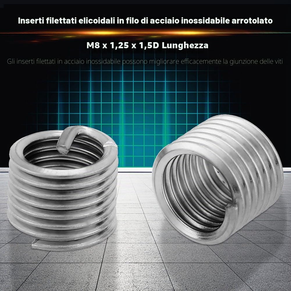 50 Pezzi in Acciaio Inossidabile Filettato Helicoil M8 Inserti M8 Filo a Spirale Elicoidale Filettatura Inserti Filo Elicoidale Inserto Filettatura Riparazione Assortimento di Inserti