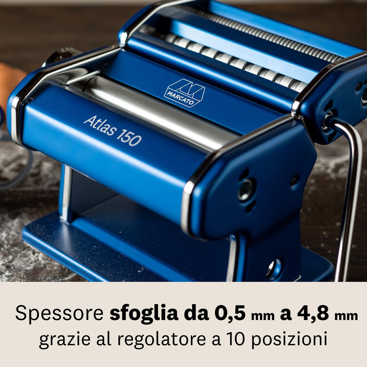 Marcato AT-150-BLU, Atlas 150 design, Macchina per pasta, Alluminio, Blu, Linea Premium.