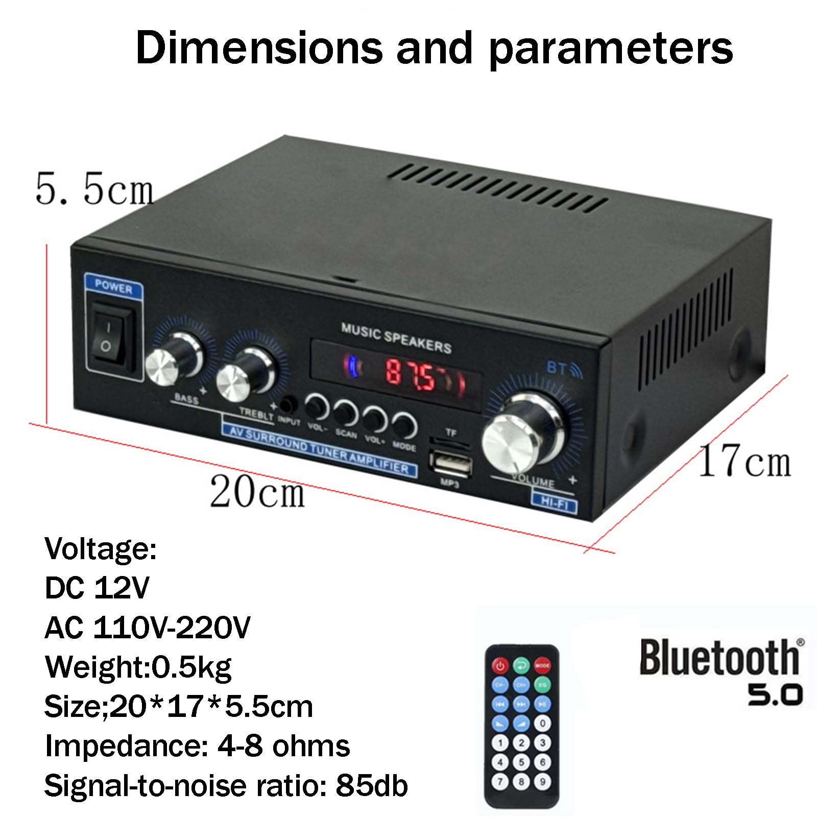 Scheda Amplificatore Digitale, Scheda Audio Amplificatore di Potenza, Manopola Volume/Controllo Alti-Bassi, Ingressi Audio Multipli, con Bluetooth, per Auto/Marina,A