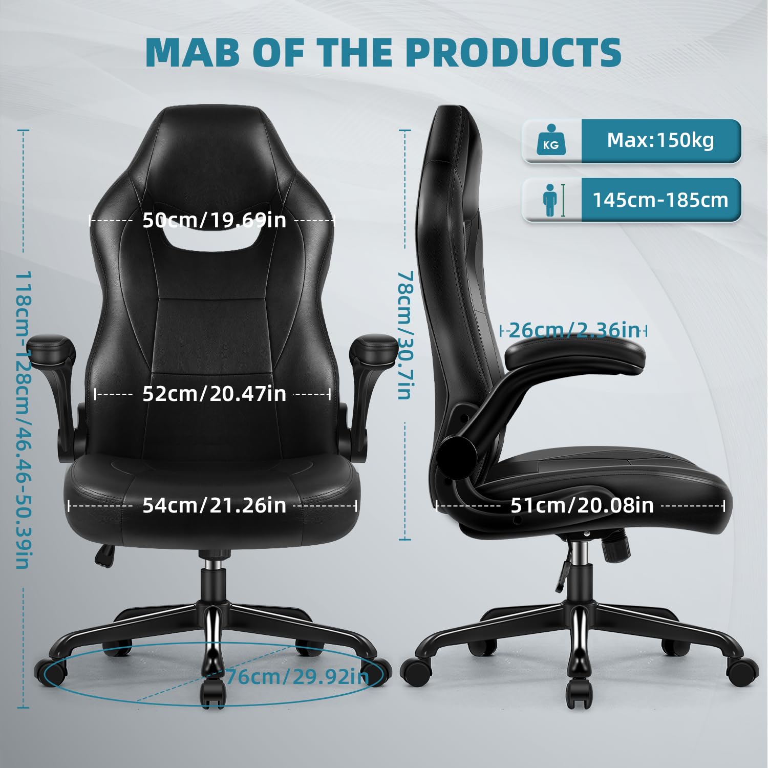 Chefsessel, Bürostuhl mit Klappbare Armlehnen, Schreibtischstuhl, Gaming Stuhl, Bürostuhl Ergonomisch,Bürostühle,Office Chair,135°neigbar,Bürostuhl 150 kg,Chefsessel Bürostuhl,Bürostuhl Leder