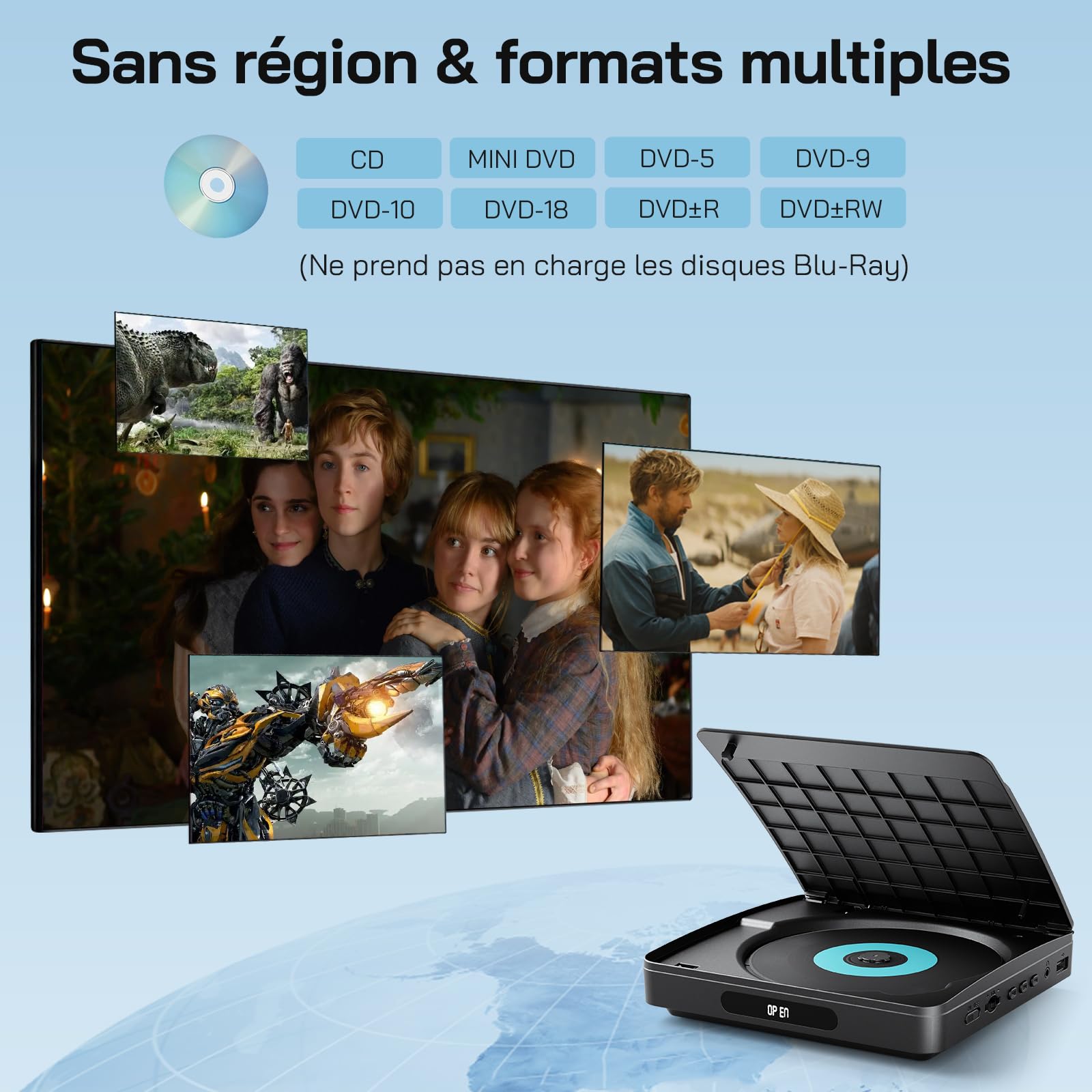 WOLFANG Lecteur DVD pour TV avec HDMI, Full HD 1080P sans Région, télécommande et Câble Type-C, Lecteur CD pour Chaîne Stéréo, Port USB 2.0 ((Pas de Blu-Ray/Disques Disney)