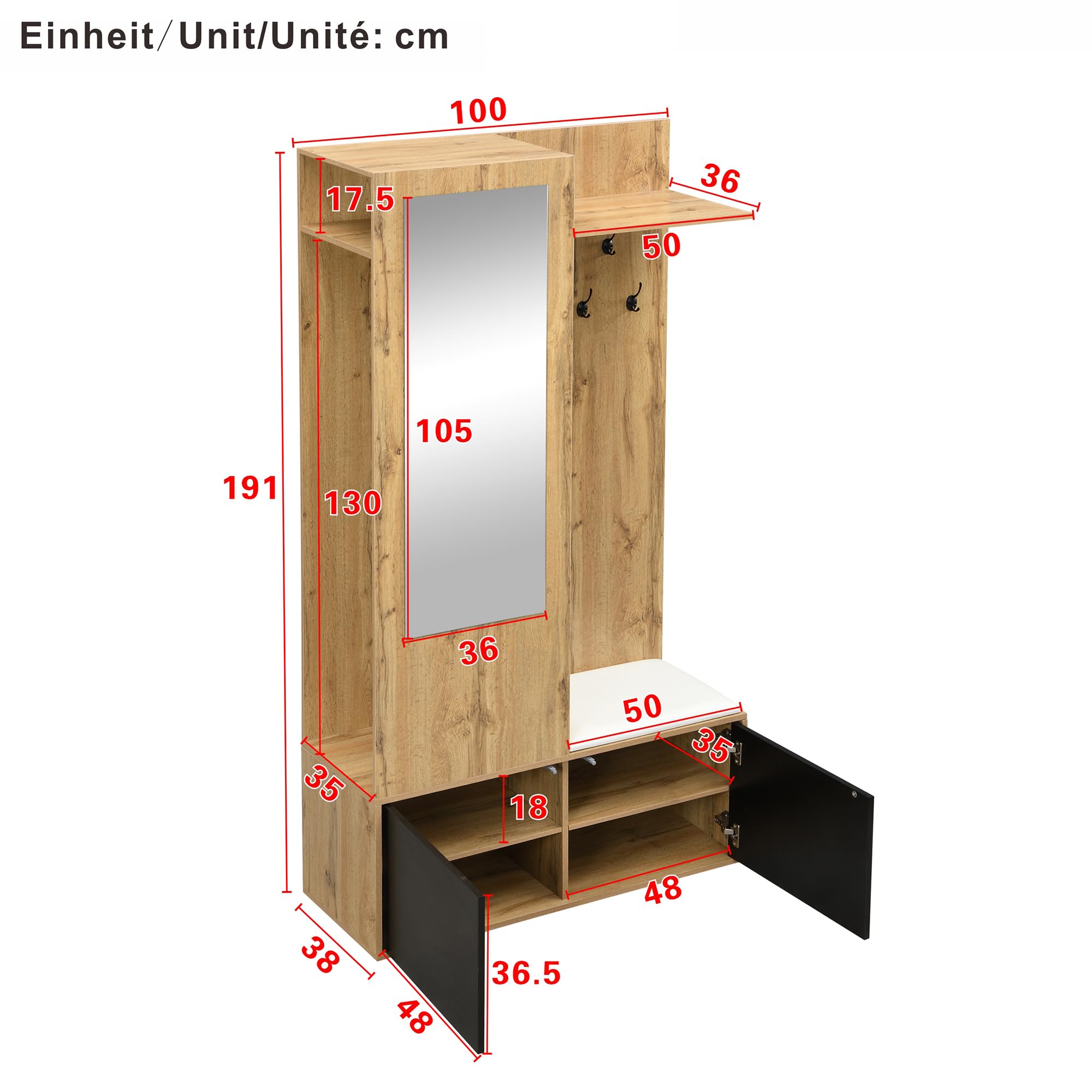Il set di armadi comprende 5 ganci appendiabiti, uno specchio, una scarpiera, una zona superiore nascosta da appendere e una panca appendiabiti per il corridoio. (100 L x 38 W x 191 H (cm))