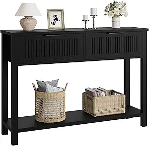 GAOMON Farmhouse Entryway Table,43 Inch Wood Console Table with 2 Drawers,2 Tier Sofa Table with Storage for Living Room, Foyer Tables for Entryway-Black