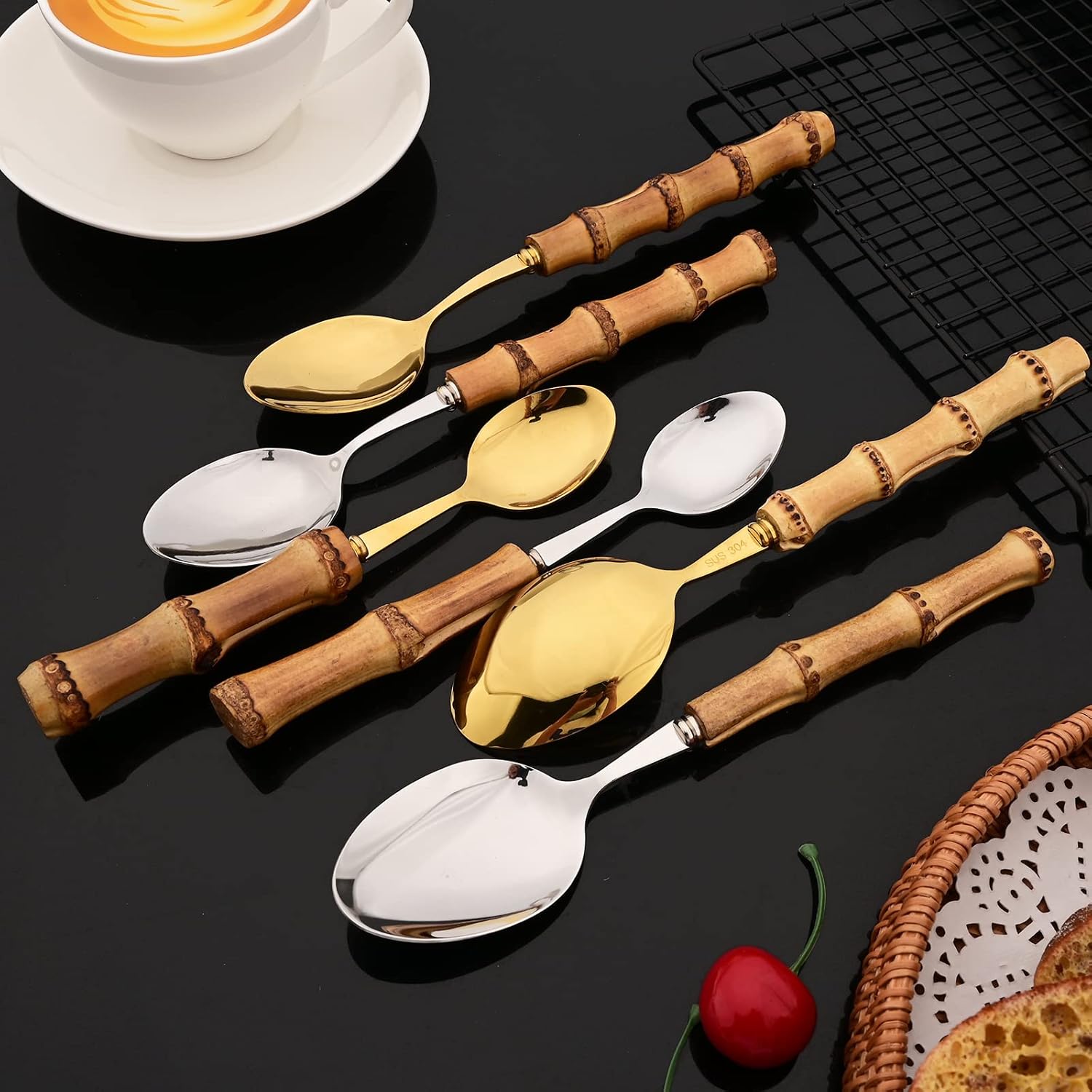 JASHII 304 Stainless Steel Gold Flatware Set, 16pcs Bamboo Handle Silverware Set, Service for 2, with 1 Serving Spoons and 1 Serving Forks. Mirror Polished, Dishwasher Safe