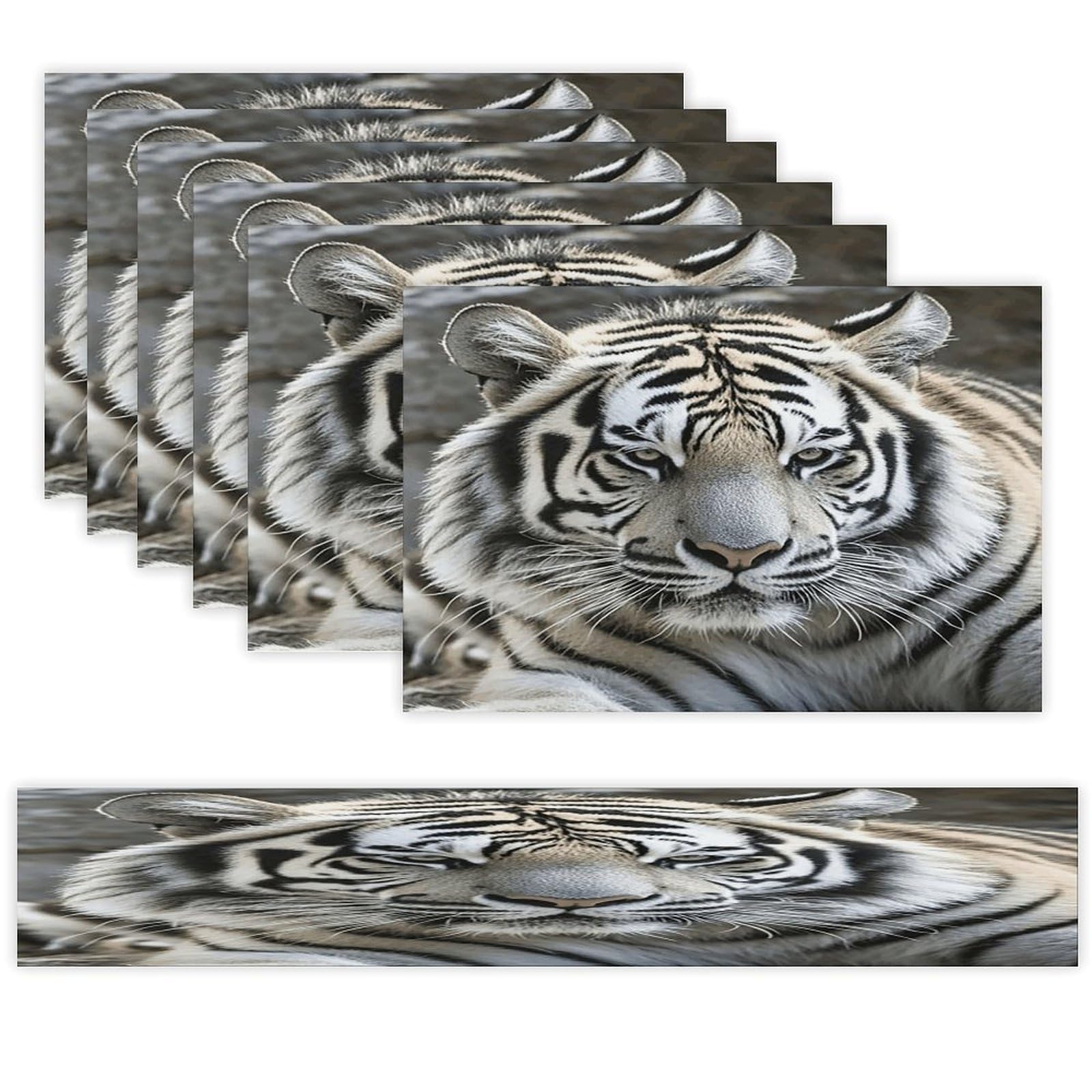 Black and White Tiger Table Runner and Placemats of 6 Washable Heat Resistant Place Mats with Table Runner Vintage Holiday Table Mat Set for Holiday Party Kitchen Dining Deco