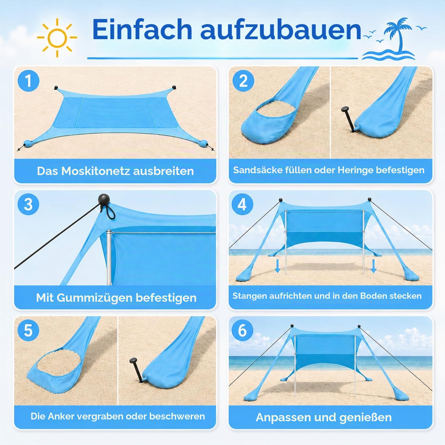 Strandzelt – Sonnensegel Strand 2.1x2.1m mit UV Schutz UPF50+, windstabil & leicht, Strandmuschel mit Sandschaufel, Heringen und Stabilitätsstangen, Blau