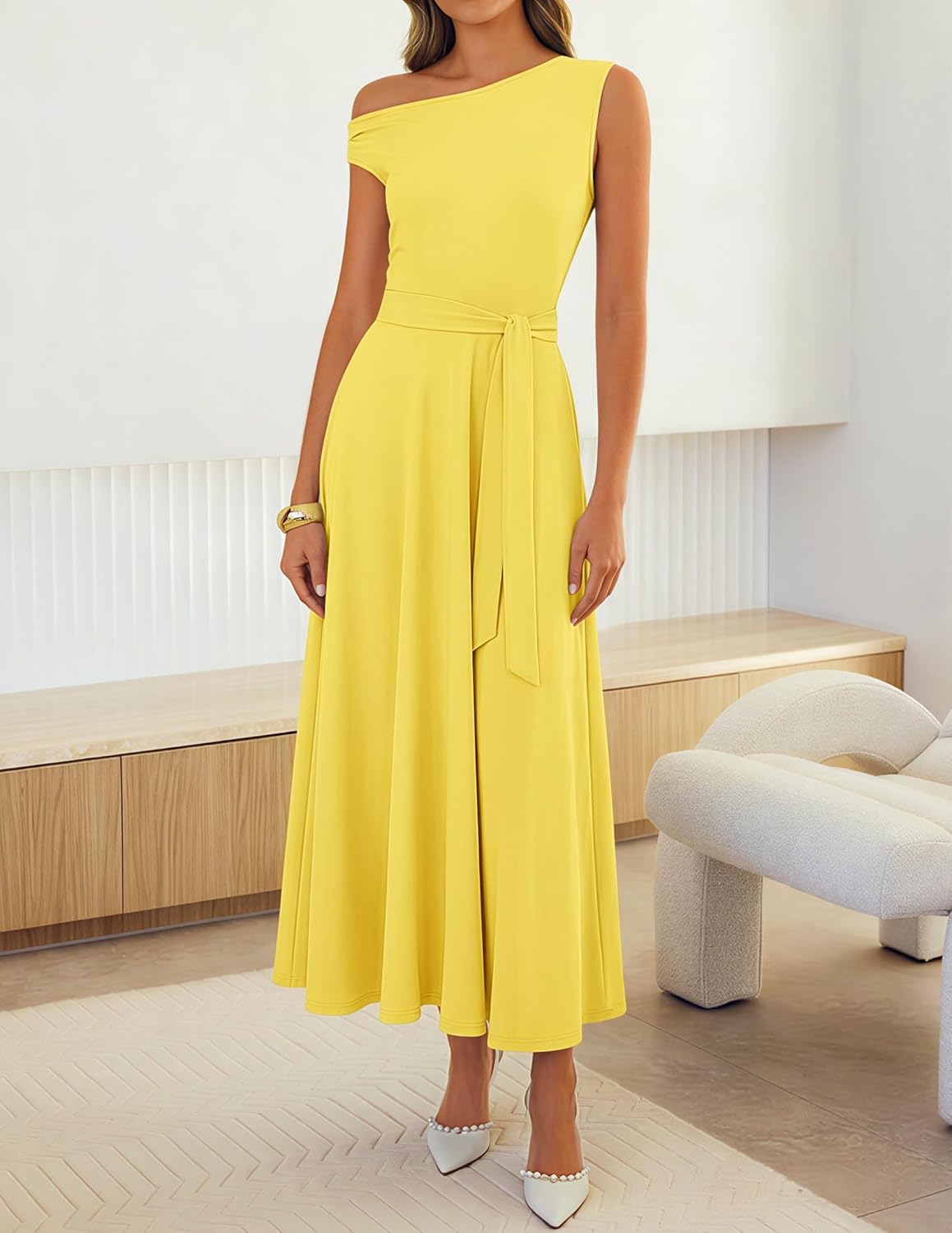 ZESICA Womens Summer One Shoulder Cocktail Maxi Dress 2026 Formal Sleeveless Flowy Wedding Guest Party Dresses with Belt - Image 2