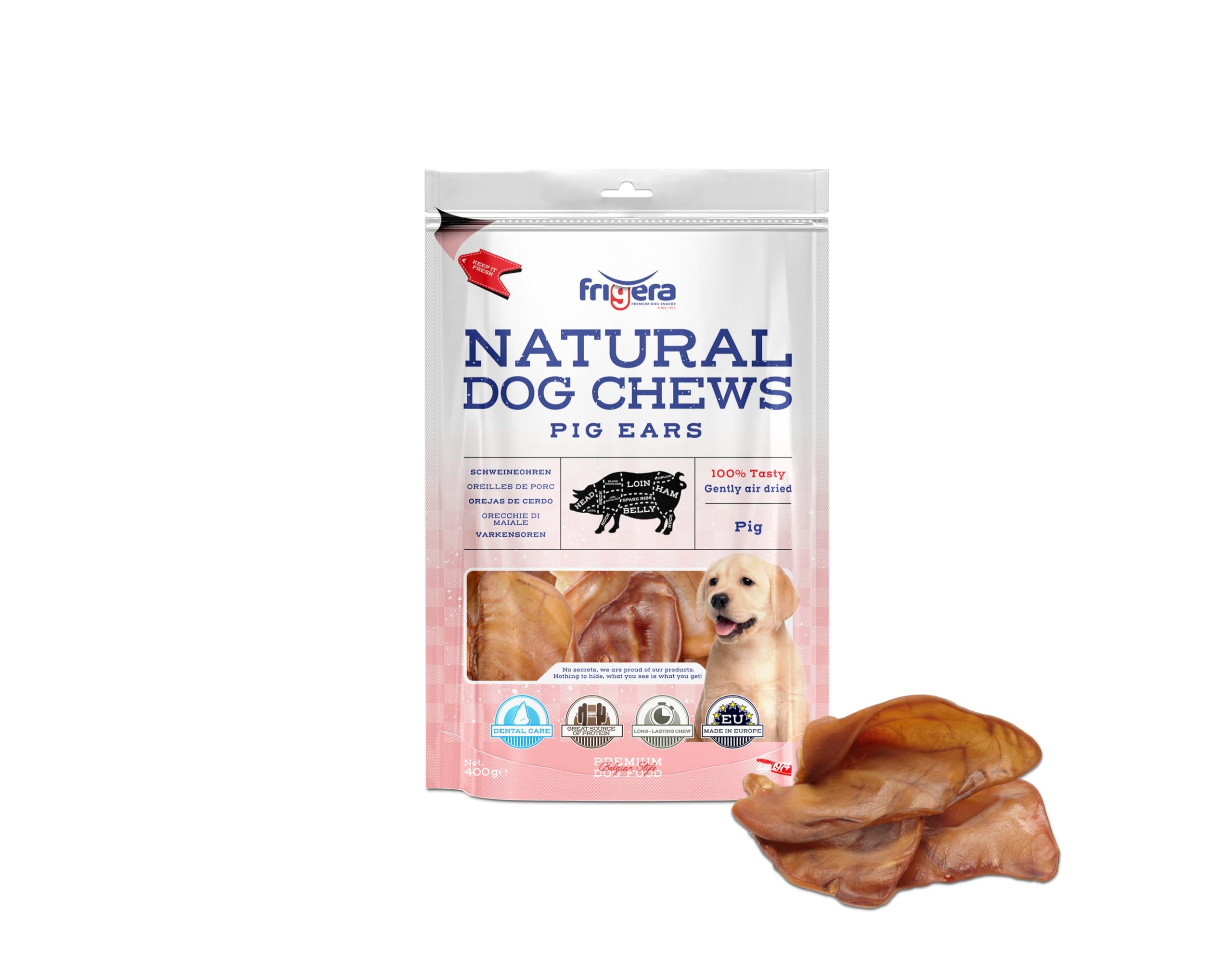Frigera Pig ears 400g – Natural dog snacks, Protein-rich, Gluten- and Grainfree, Long-lasting chew